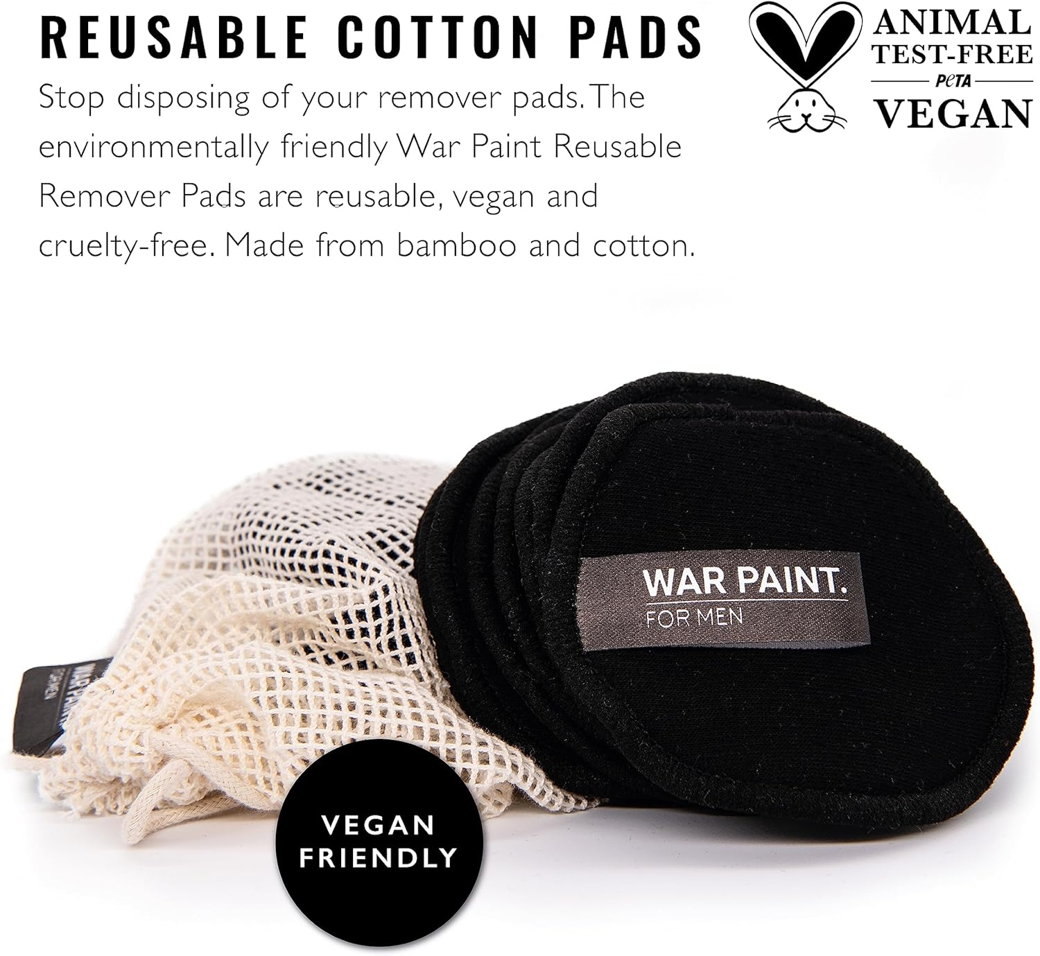 War Paint Reusable Bamboo & Cotton Makeup Remover Pads for Men (Pack of 8) image number 3