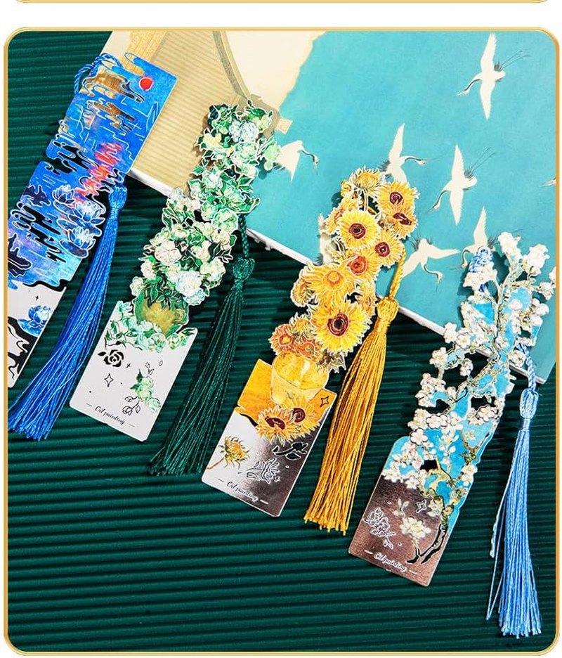 4 PCS Metal Bookmarks with Tassel for Reading Women, 4 Pretty and Beautiful Retro Floral Flower Oil Painting Design Book Page Markers for Reading image number 1
