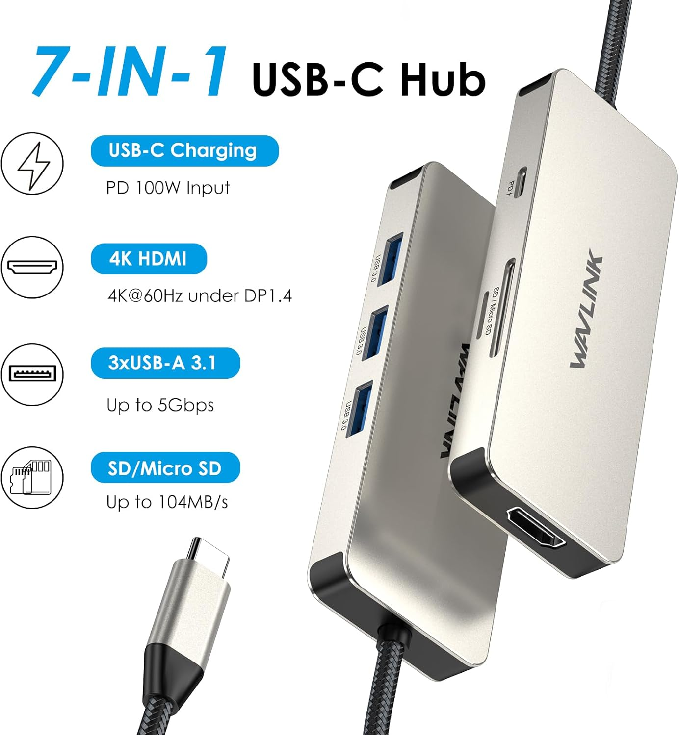 WAVLINK USB C Docking Station, USB-C to HDMI Adapter with 4K HDMI, 100W PD, 3X USB3.1, SD/TF Card Reader, USB Type C Hub Dongle for Macbook Pro/Air, Ipad Pro, Surface, XPS, Thunderbolt 3/4 Laptops image number 2