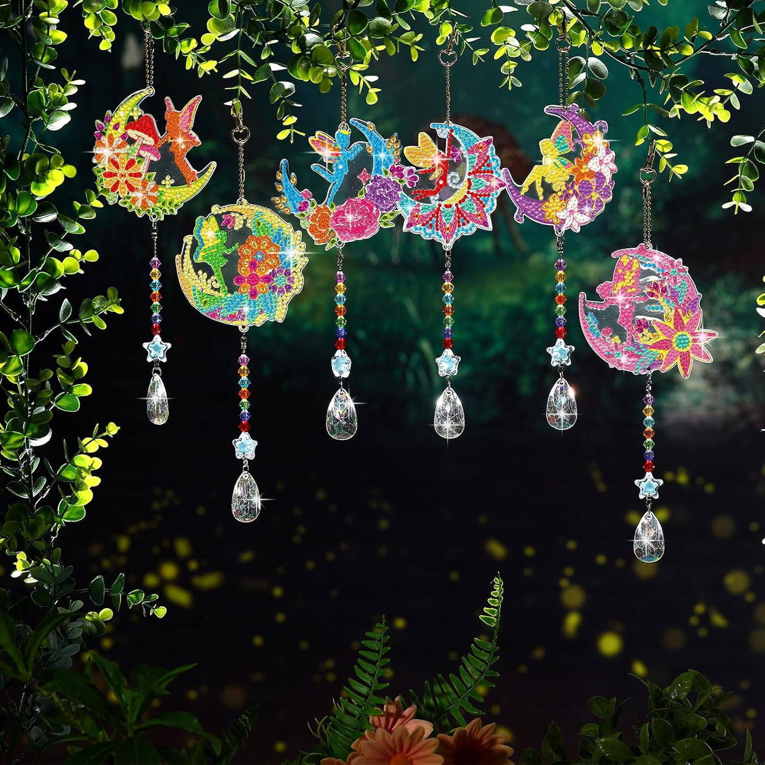 Tradder 6 Pcs Diamond Painting Wind Chimes Spring Diamond Painting Kit Double Sided Elf Ornaments with Crystal Pendant 5D Diamond Art for Spring Home Garden Hanging Ornament image number 4