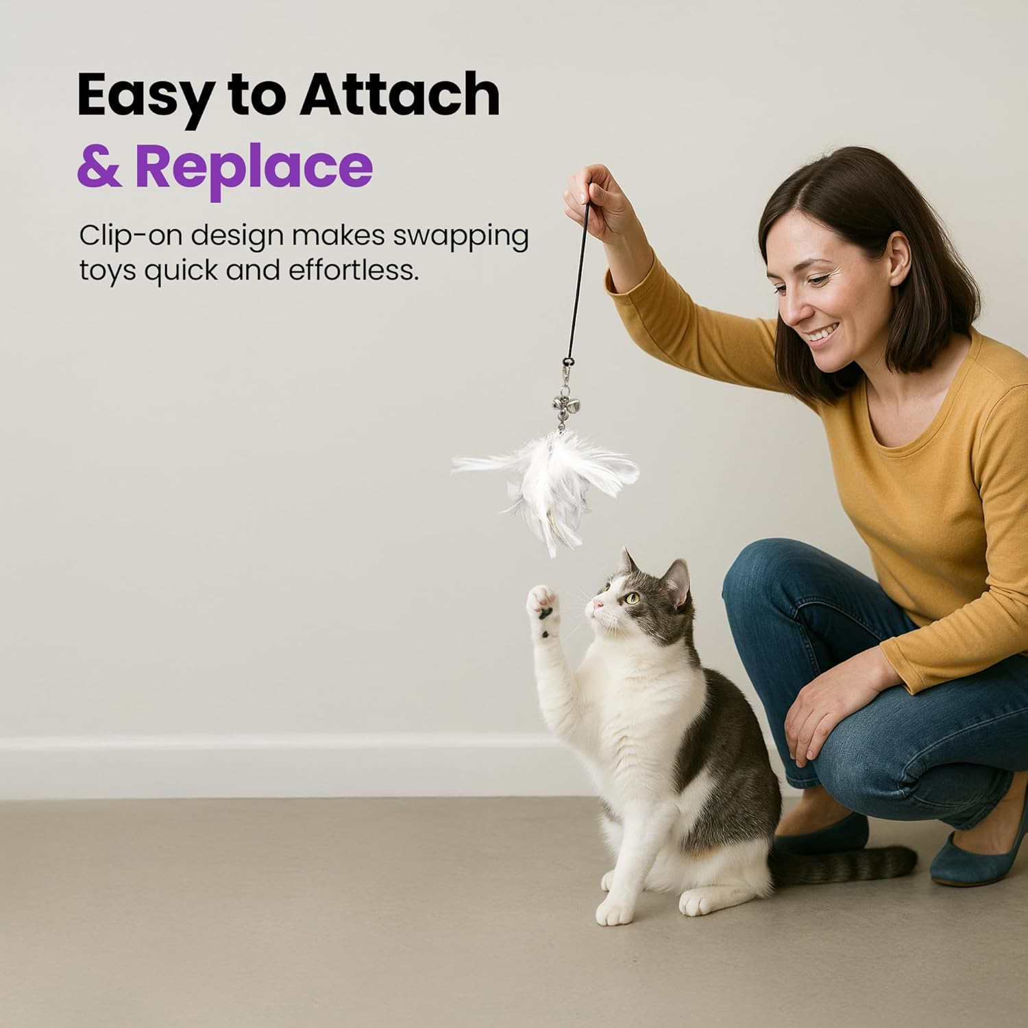 PURRZ Feather Toy Attachments for Cats, 5-Pack &ndash; Jingle Jangle Wand Refills with Kookaburra-Coloured Feathers and Bells for Interactive Cat Play &ndash; Safe and Durable Indoor Cat Toys image number 3