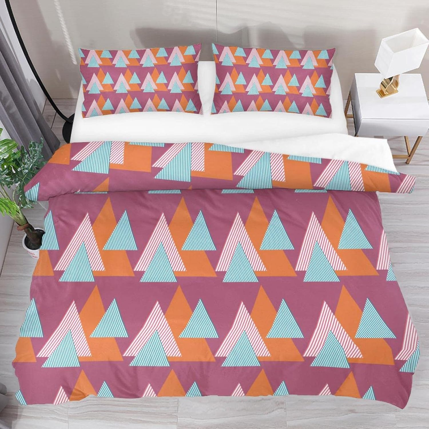 3 Pcs Microfiber Bedding Set Duvet Cover Pillow Shams Bed Striped Triangles Pattern Geometric Quilt Cover 1 Cover 2 Pillowcase with Zip,Lightweight and Soft