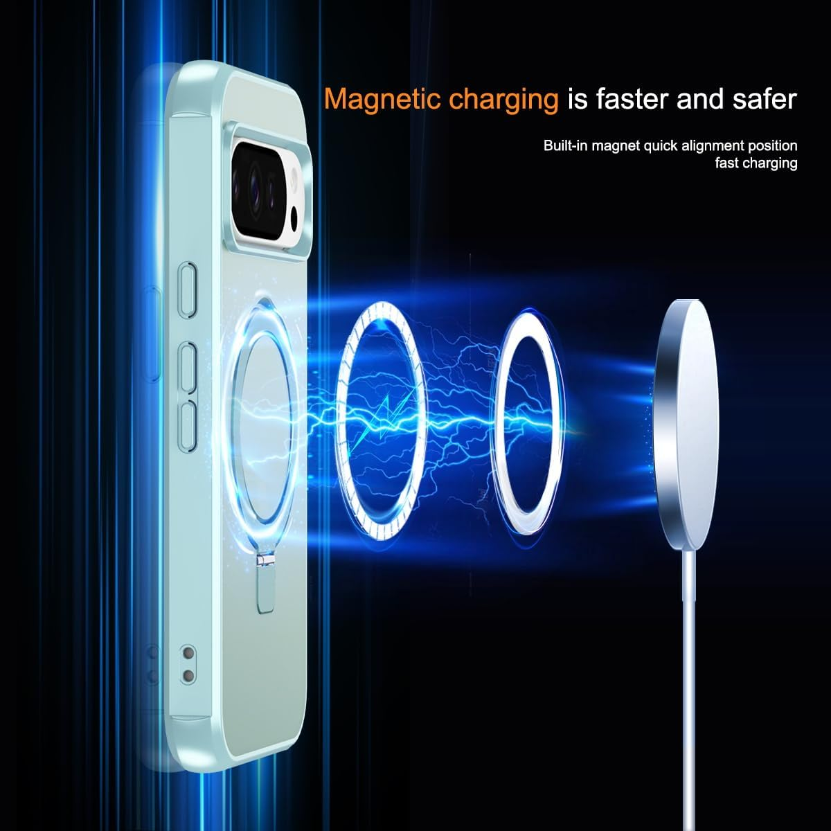 ELEPIK for Google Pixel 10 Pro XL Case with Adjustable Ring Stand, [Compatible with Magsafe] [Wireless Charging Compatible] Military Grade Magnetic Protective Phone Cover, Blue image number 4