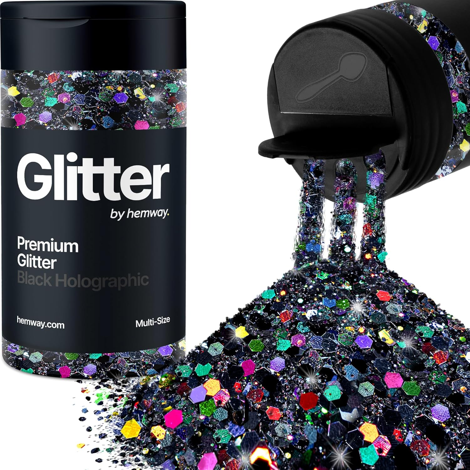 Hemway Black Holographic 5 Size Glitter Mix 120G/4.2Oz Fine Chunky Metallic Resin Craft Multi-Size Glitter Flake Sequin Shaker for Epoxy, Hair Face Body Eye Nail Art Festival, DIY Party Decorations