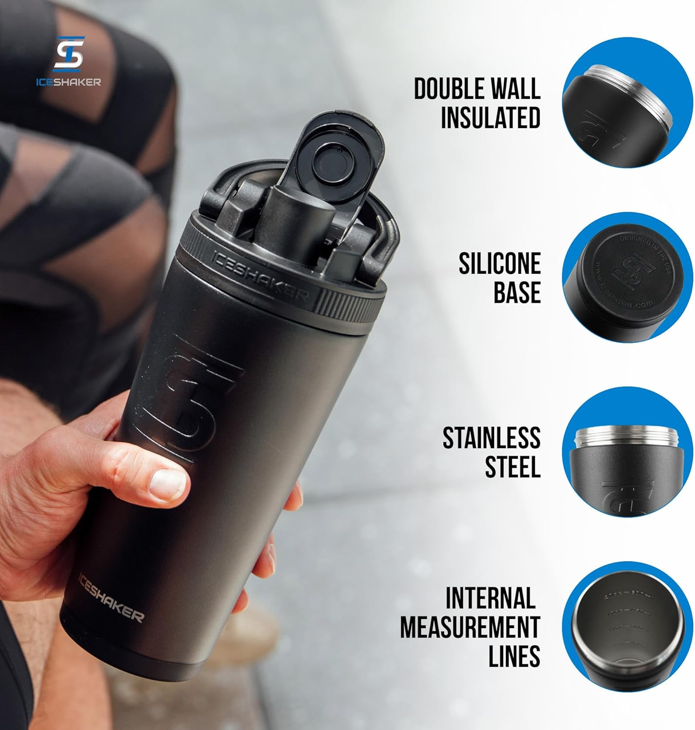 Ice Shaker Stainless Steel Insulated Water Bottle Protein Mixing Cup (As Seen on Shark Tank) 26 Oz (Black) - Black image number 2