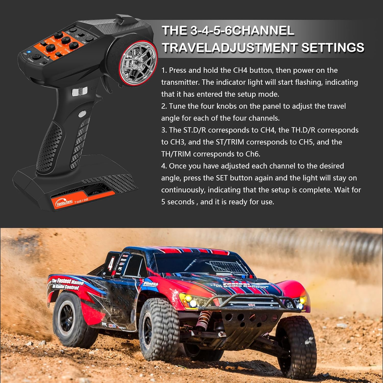 Hobby Fans RC Radio System 7CH 2.4G RC Transmitter with Receiver Anti-Jamming Remote Controller for RC Car Crawler Boat, Button