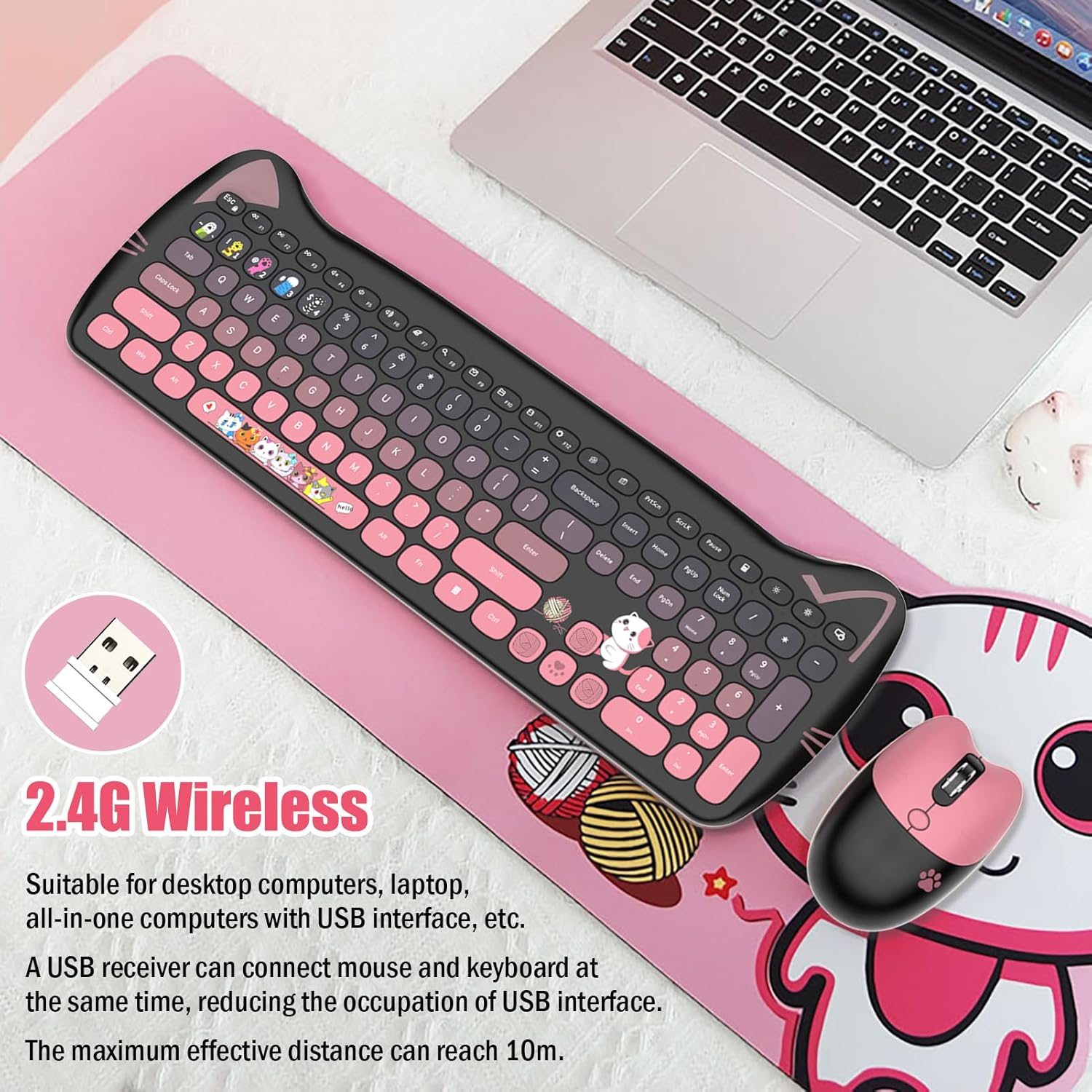 Cute Cat Keyboard and Mouse Combo Wireless, Kawaii Keyboard and Mouse for Girls and Kids, Soundless Colorful Keys, Compatible with Notebook, PC (Blackpink-110Keys) - Green-110Keys image number 3