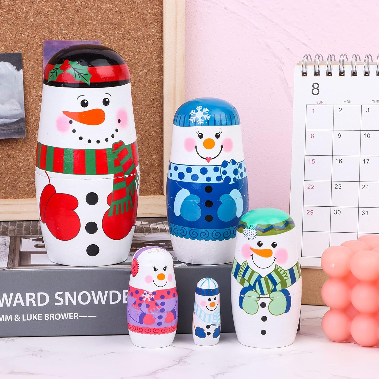 Russian Matryoshka 5 Pieces Snowman Nesting Dolls Hand Painted Figurines Wooden Stacking Dolls for Birthday Party Home Decoration, Children Kids Christmas New Year Toy