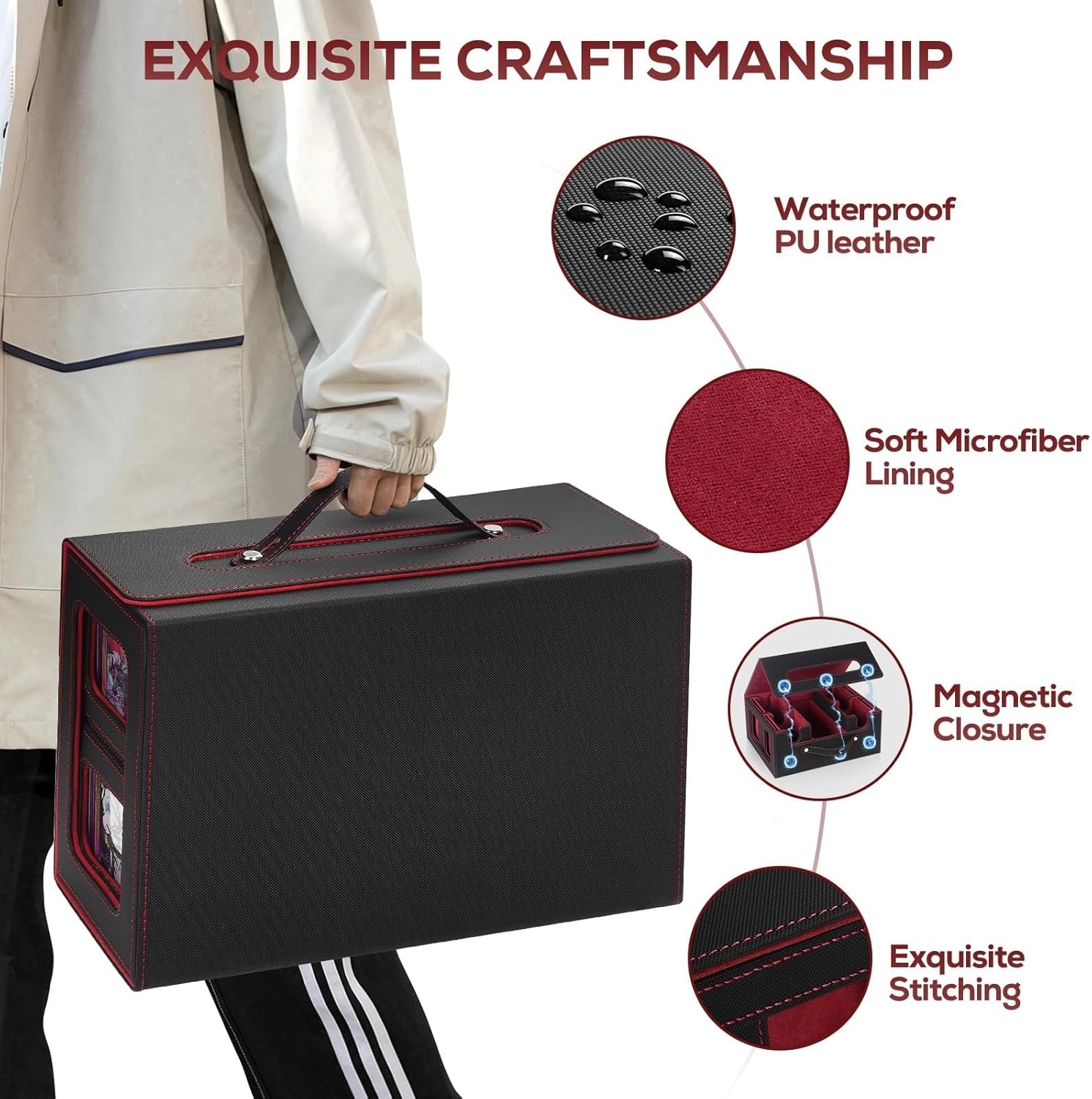 Cyperever Trading Card Storage Box for MTG, Card Storage Box with Commander Display, Multi-Purpose MTG Deck Box for Graded Storage with 4 Toploaders, 8 Stoppers, 8 Dividers (Black & Red)