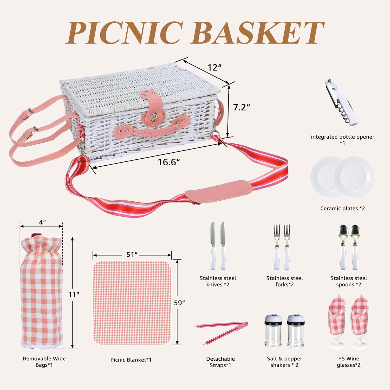 Picnic Basket for 2 with Waterproof Blanket and Wine Pouch, Insulated Wicker Picnic Basket Set, Large Willow Hamper for Outdoor, Beach, Camping, Couples, Wedding Gift, Pink - Blue And White Grid image number 4