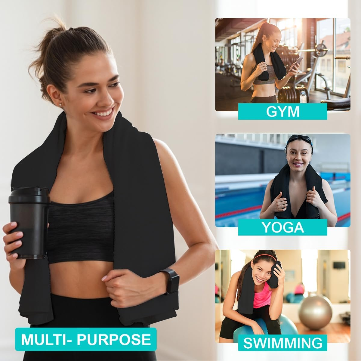 Towel with Pocket (90X40 Cm) Hooded Gym Towel with Zip Pocket Microfibre Yoga, Swimming,Ultra Soft, Sweat,Quick Dry Towel for Men & Women,Multi-Purpose Gym Accessory (Black) image number 4