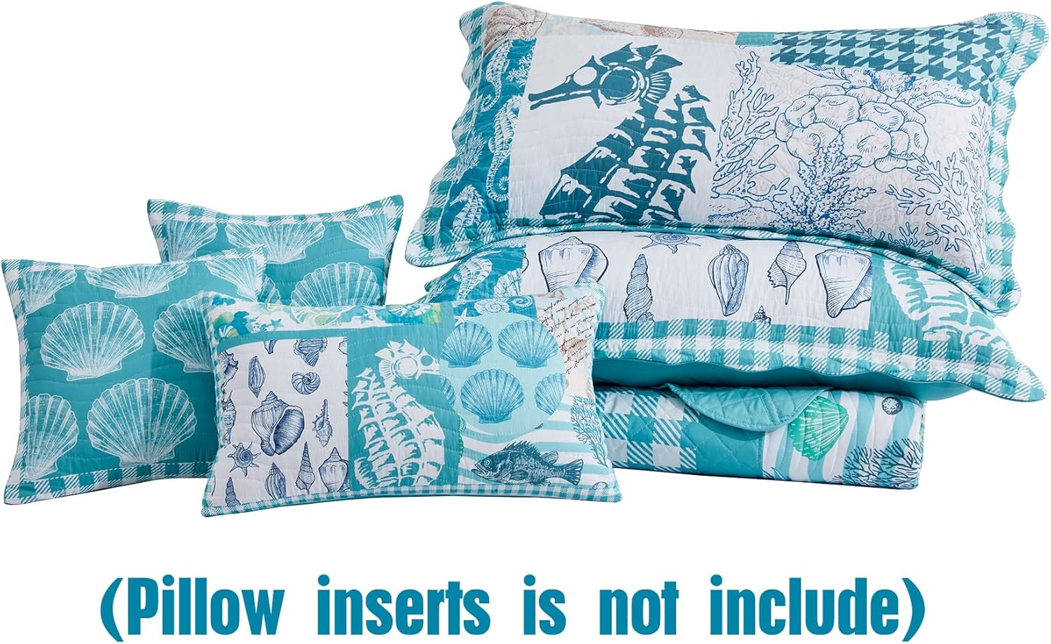 HZ & HY Coastal Oversized King Bedspread, Lightweight Beach Bedding Nautical Quilt, Real Stitching, Reversible, 6 Piece, 100% Microfiber, King/Cal King, Seahorse image number 1