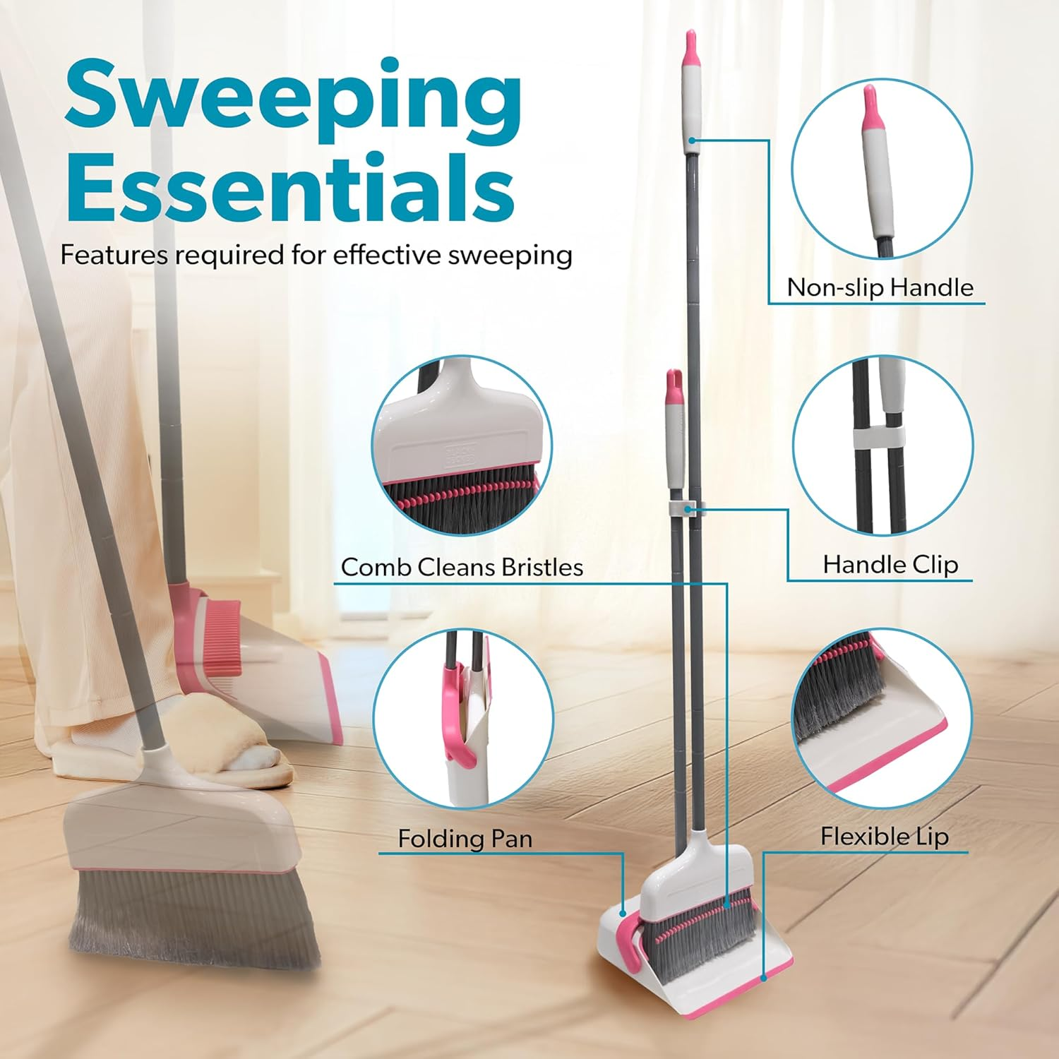BLACK+DECKER Butler Broom & Dustpan Set - Stand-Up Design - Lightweight, Space-Saving Combo for Kitchen, Living Room, Bathroom, Lobby Floors - Home Cleaning Essential, White/Pink