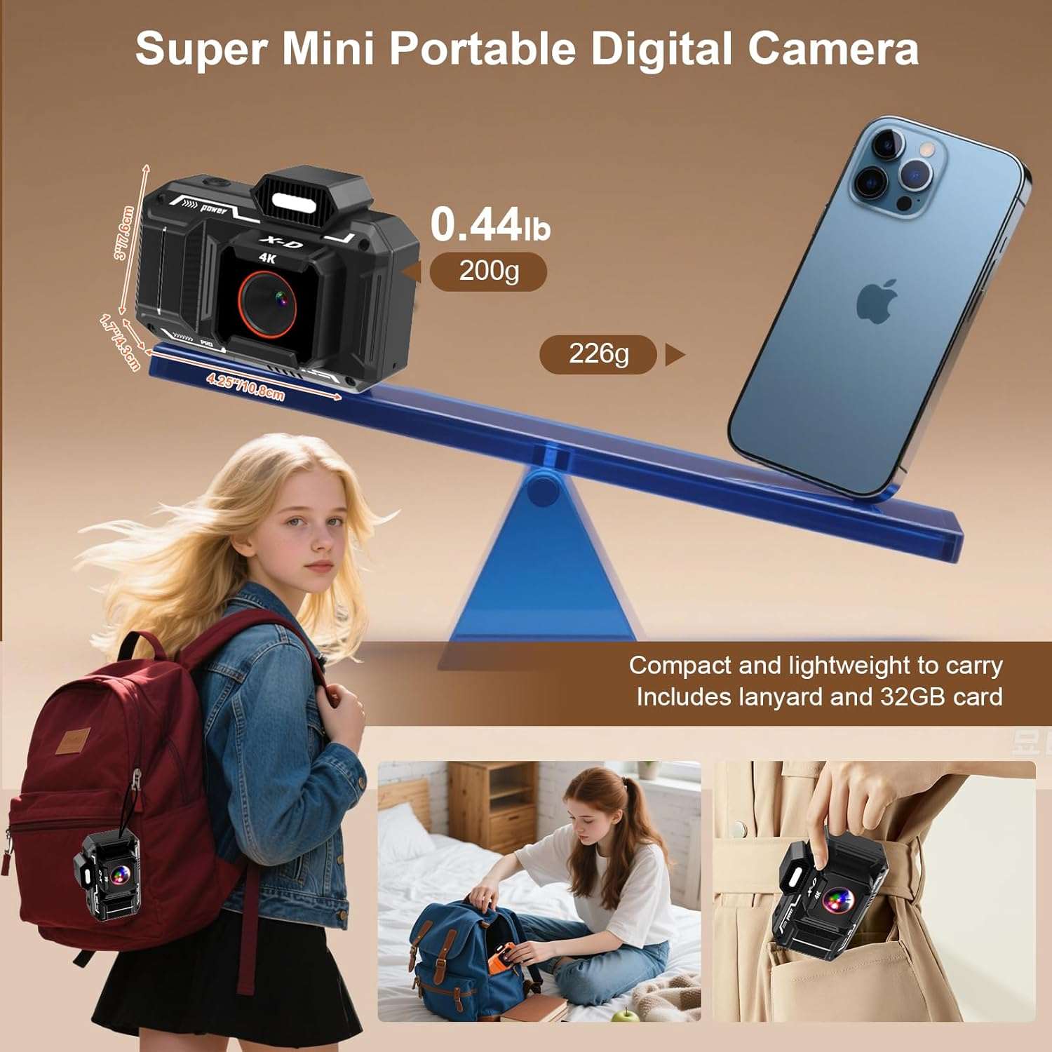 Digital Camera, 4K 48MP HD Autofocus Camera with 32G SD Card Digital Cameras Compact Camera for Children Teenagers Beginners - Black image number 6