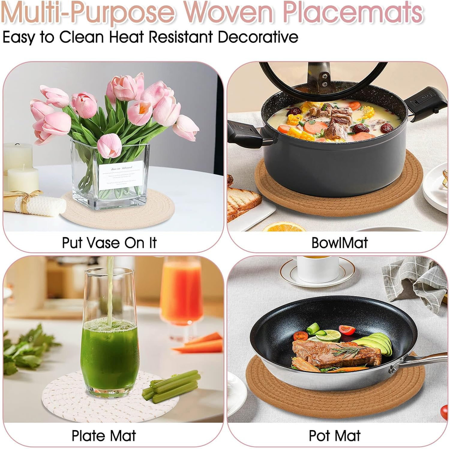 Trivets for Hot Pots and Pans, 6 Pieces Boho Rivets for Hot Dishes, Pot Holders for Kitchen, Hot Pads for Countertops, Boho Home Decor, House Essentials for New Home, 11.8 Inches and 7 Inches - Grey image number 4