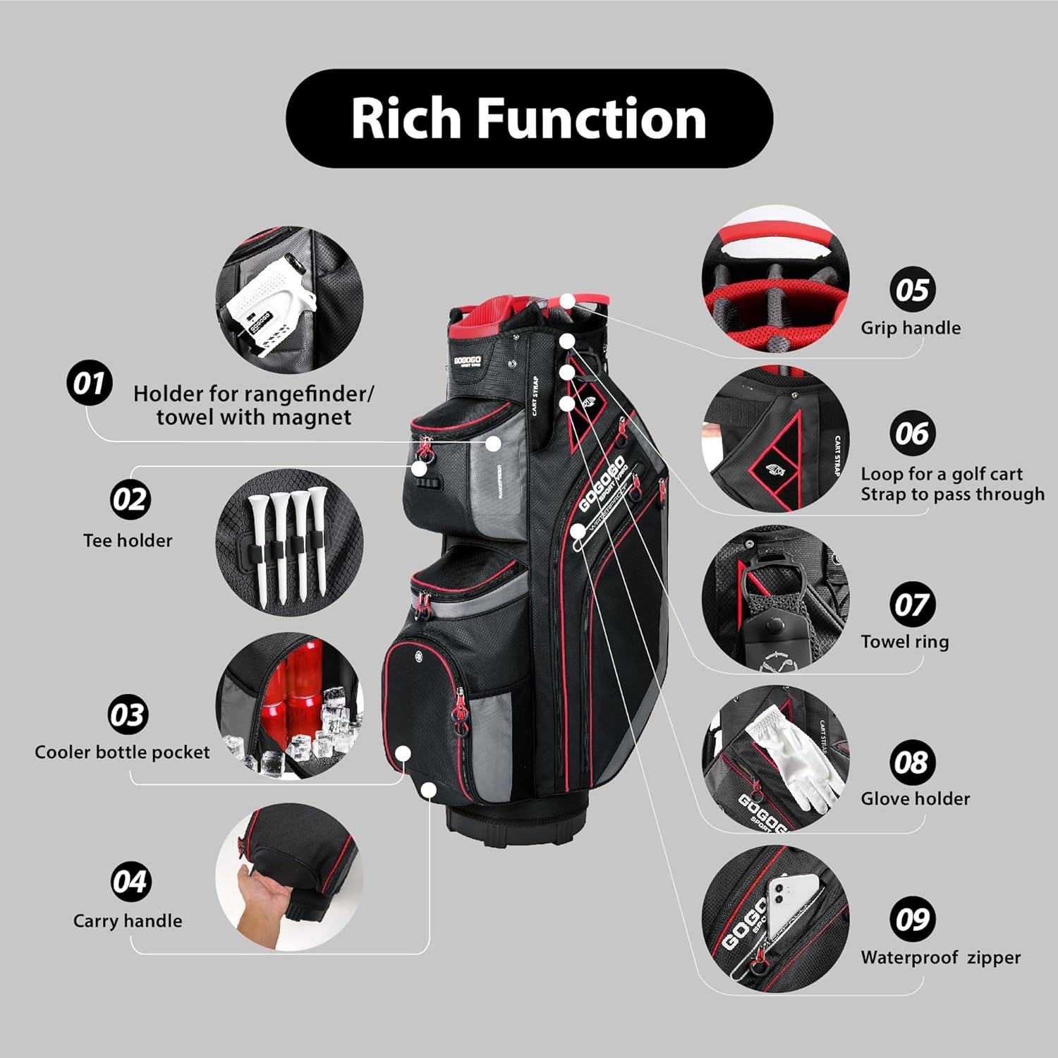 Gogogo Sport Vpro Golf Cart Bag with 14 Way Dividers, 11 Pockets Golf Club Bag, Rain Hood, Insulated Beverage Compartment image number 5