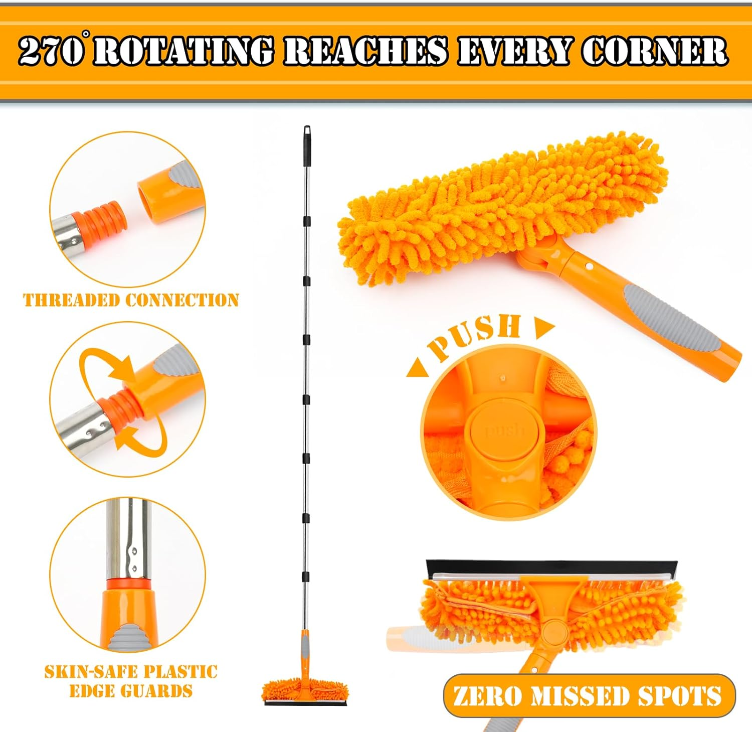 Lapluied 4M/157" Long Reach Window Cleaning Equipment, 3 in 1 Telescopic Window Cleaner, 270&deg; Rotating Squeegee Window Cleaning Kit with 10 Extendable Pole for Indoor/Outdoor High Window,Orange