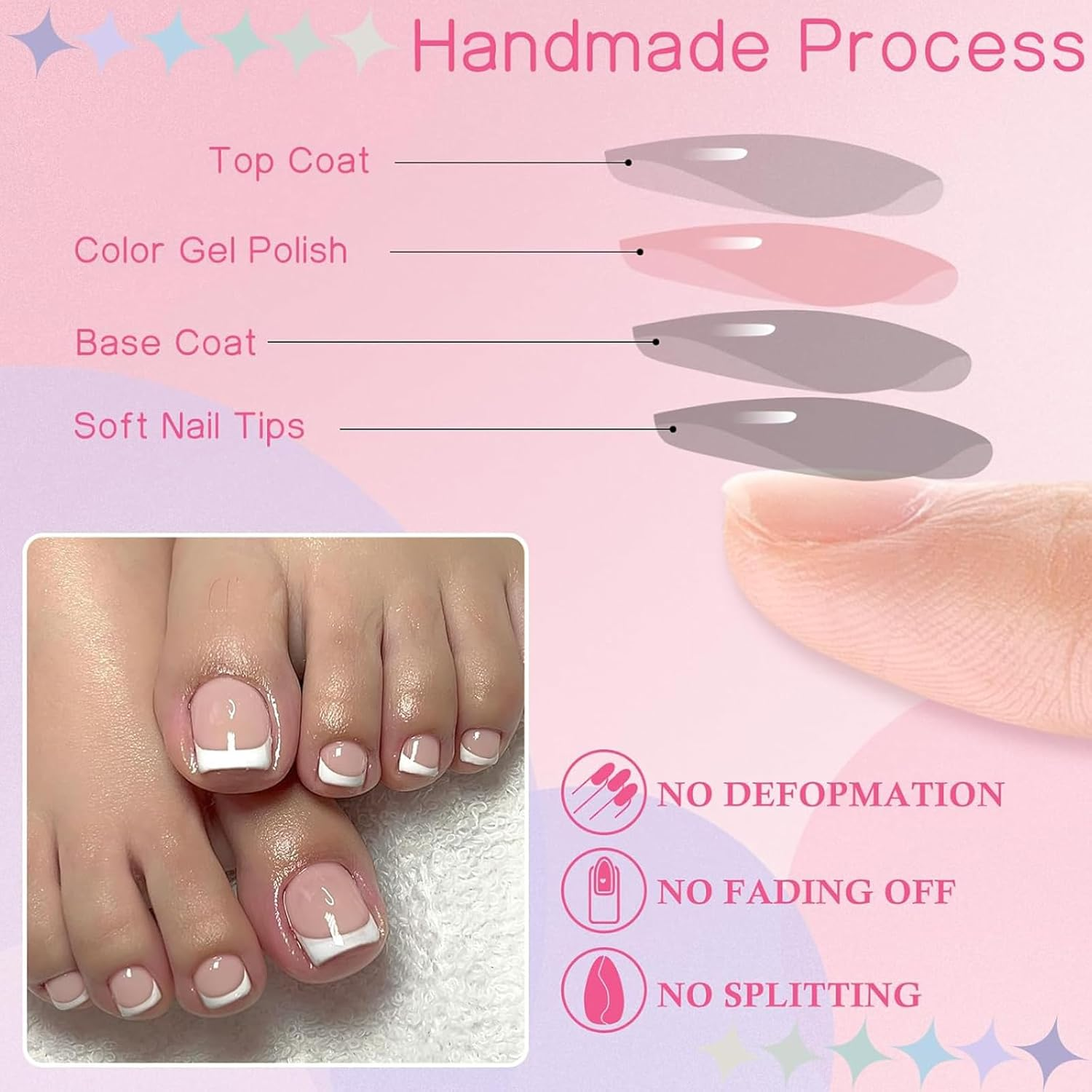 Press-On Toenails for Women-Short Square Glossy French Fake Toenails Pure Acrylic Full Cover Summer Nude Pink 24 Pcs in 12 Sizes with Gel Reusable Glue-On Toenails image number 5