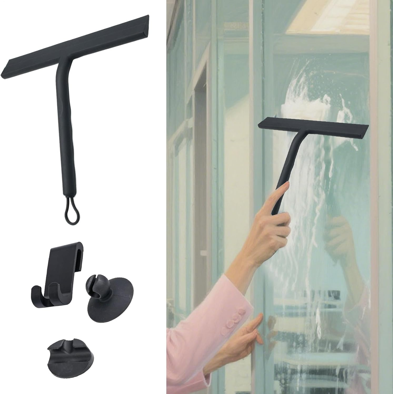 Squeegee for Shower, Shower Wiper Bathroom Squeegee Scraper, Silicone Cleaning Supplies Scrubber with 3 Hooks, Wiper Scraper for Tile Wall Mirror Car Windshield Window image number 2