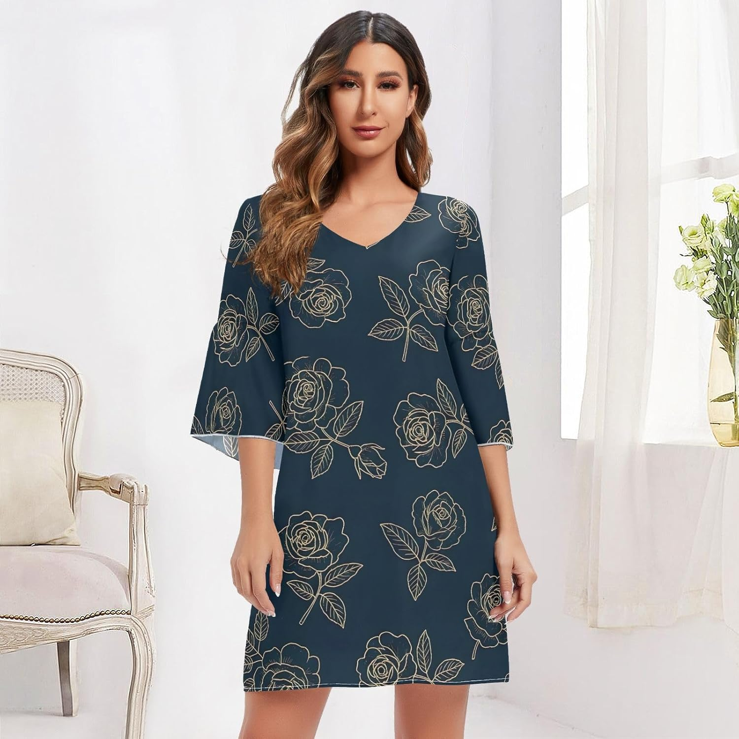 Elegant Rose Gold Navy Short Summer Dress Printed Line Maternity Dress image number 5