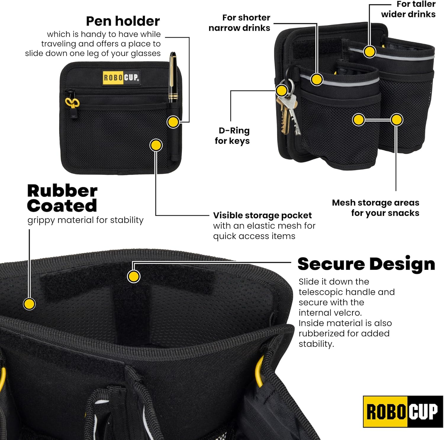 ROBOCUP Travel-Friendly Foldable Dual Drink Holder, Univesal Design for Luggage, Cases and Breifcases with a Telescopic Handle | Storage Pockets, D-Ring, Pen Slot, Reflective Stripe, Hook&Loop Patch image number 4