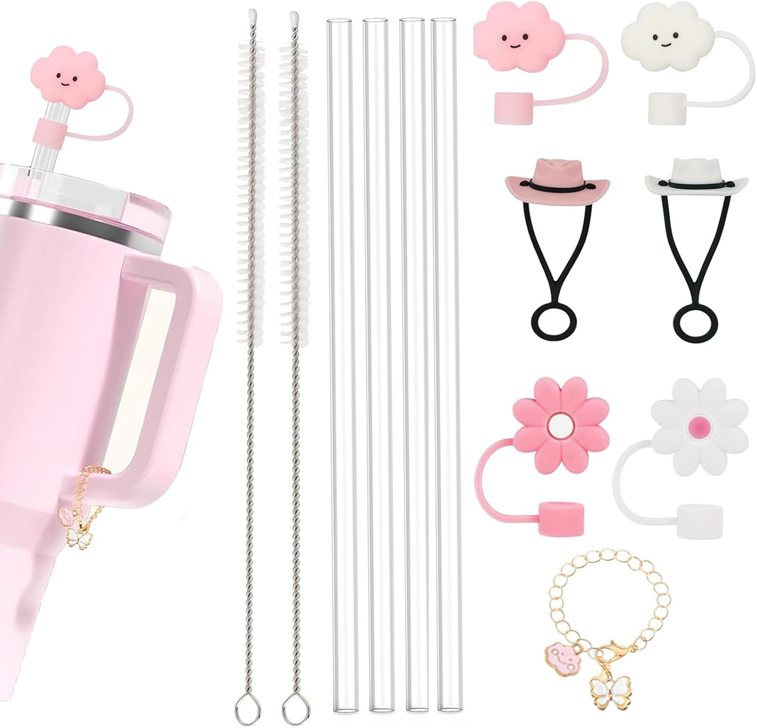 VAVCASE Straws with Cover Cap for Stanley 40Oz Tumbler Replacement - 6Pcs Covers, 4Pcs Straws for 20, 30 & 40Oz Cups, Charms Accessories Set, Large, Clear image number 2