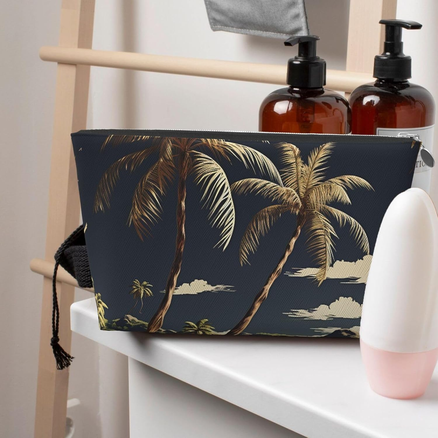 SDTYKHJ Large Capacity Makeup Bag for Women, Waterproof Portable Shaving Bag, Small Toiletry Bag, Palm Tree, Leather, Travel Cosmetic Organizer Bags, Siliver, One Size image number 3