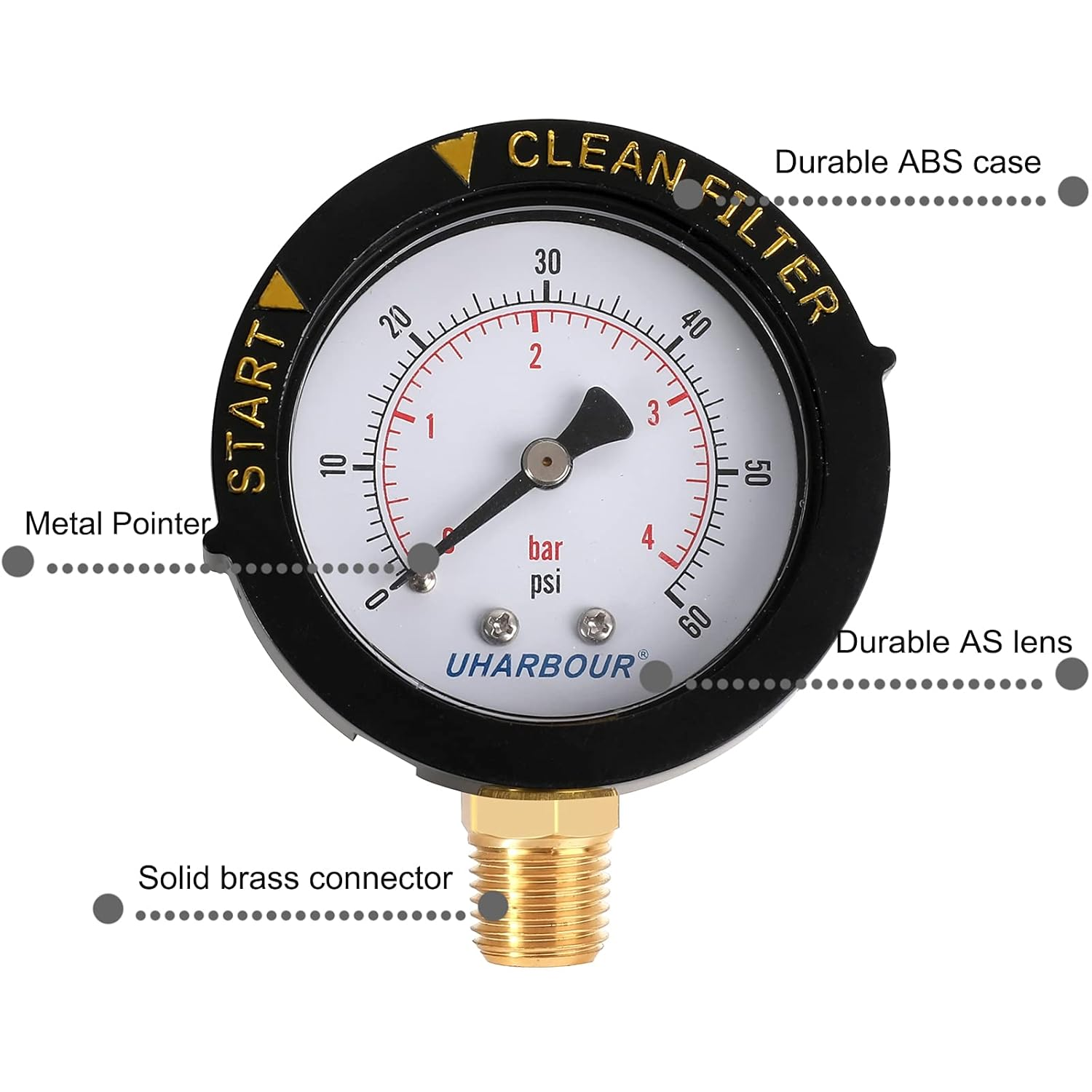 Pool Filter Pressure Gauge 60Psi - 2" Dial with Bezel, 1/4" Center Bottom Mount, 1/8" Adapter - Pump Replacement image number 3