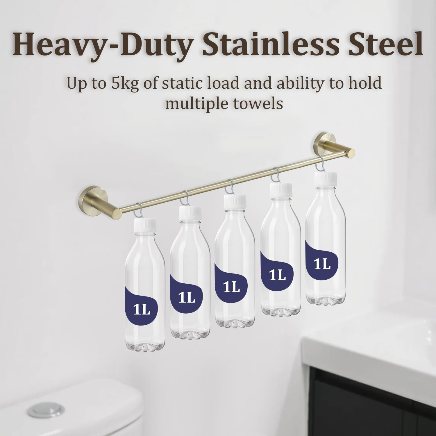 Decaura 600Mm Single Towel Rail, Towel Rack Wall Mounted, Stainless Steel Hand Towel Holder for Bathroom and Kitchen, Drill-Free or Screw-In Installation Gold