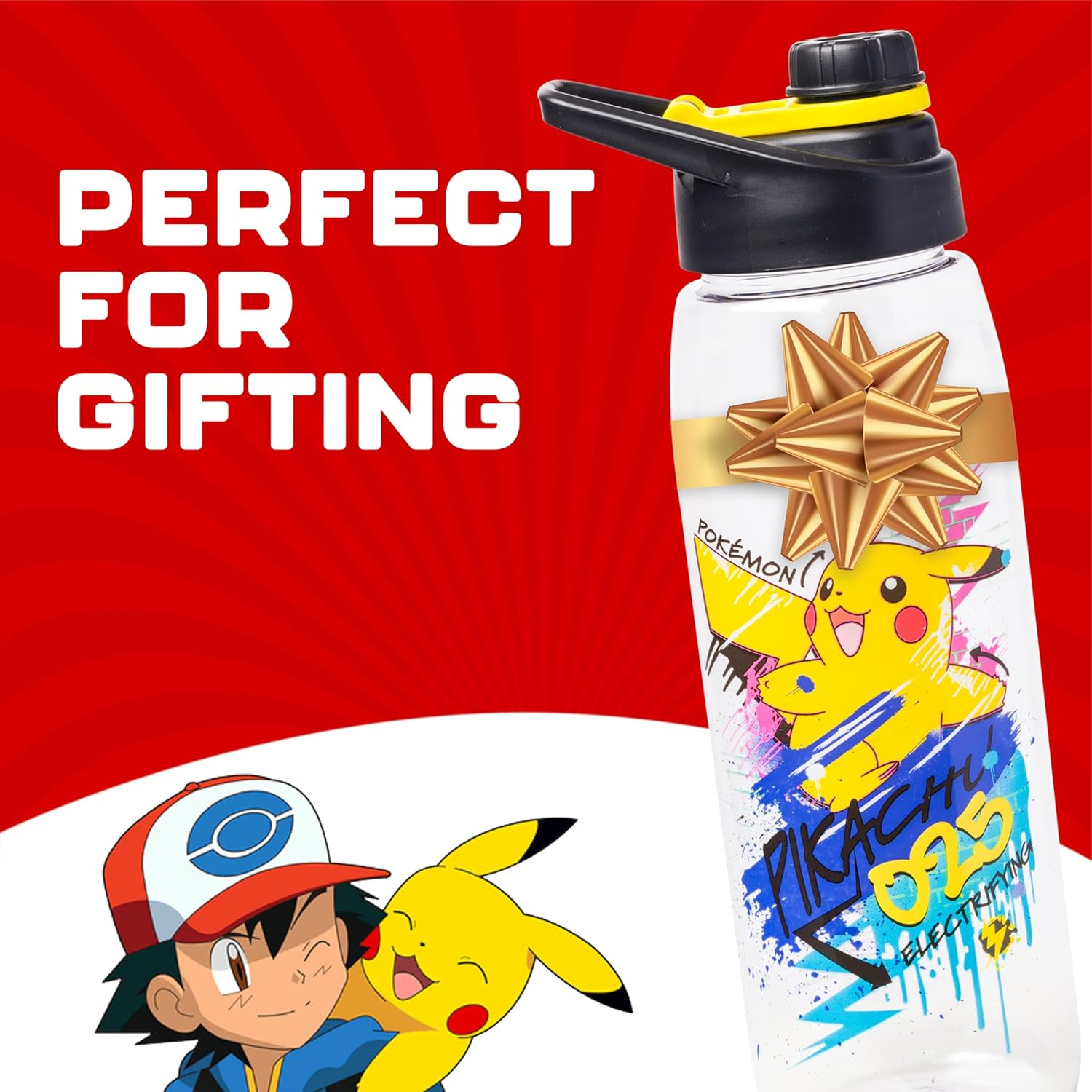 Silver Buffalo Pok&eacute;mon Skate Graffiti Electrifying Pikachu Water Bottle with Screw-On Lid, 28 Ounces image number 2