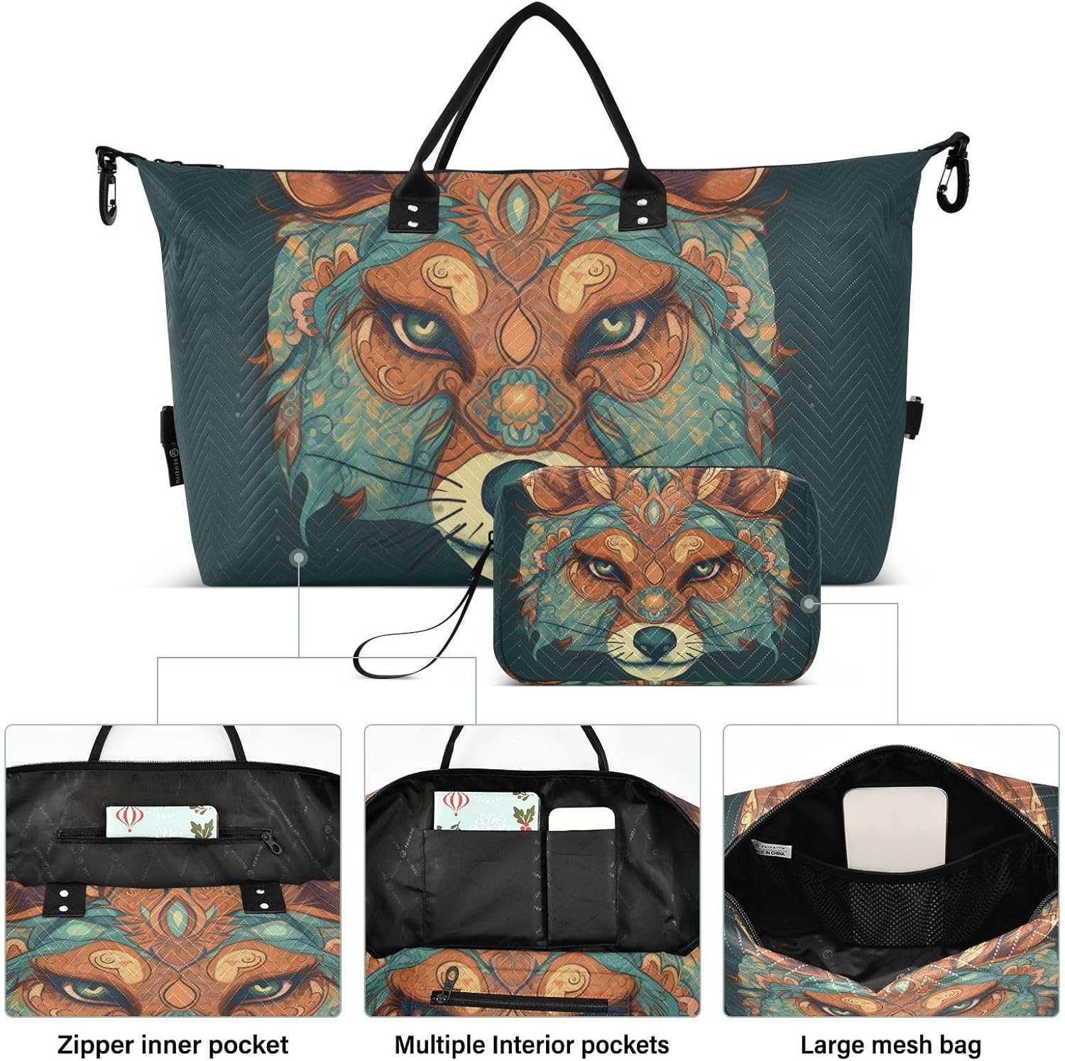 XYMZR Large Travel Duffel Bag, Boho Fox Face Sports Tote Gym Bag, Shoulder Weekender Overnight Bag for Women Men, Carry on Luggage with Toiletry Bags, Multi-Colored, Multi-Colored image number 6