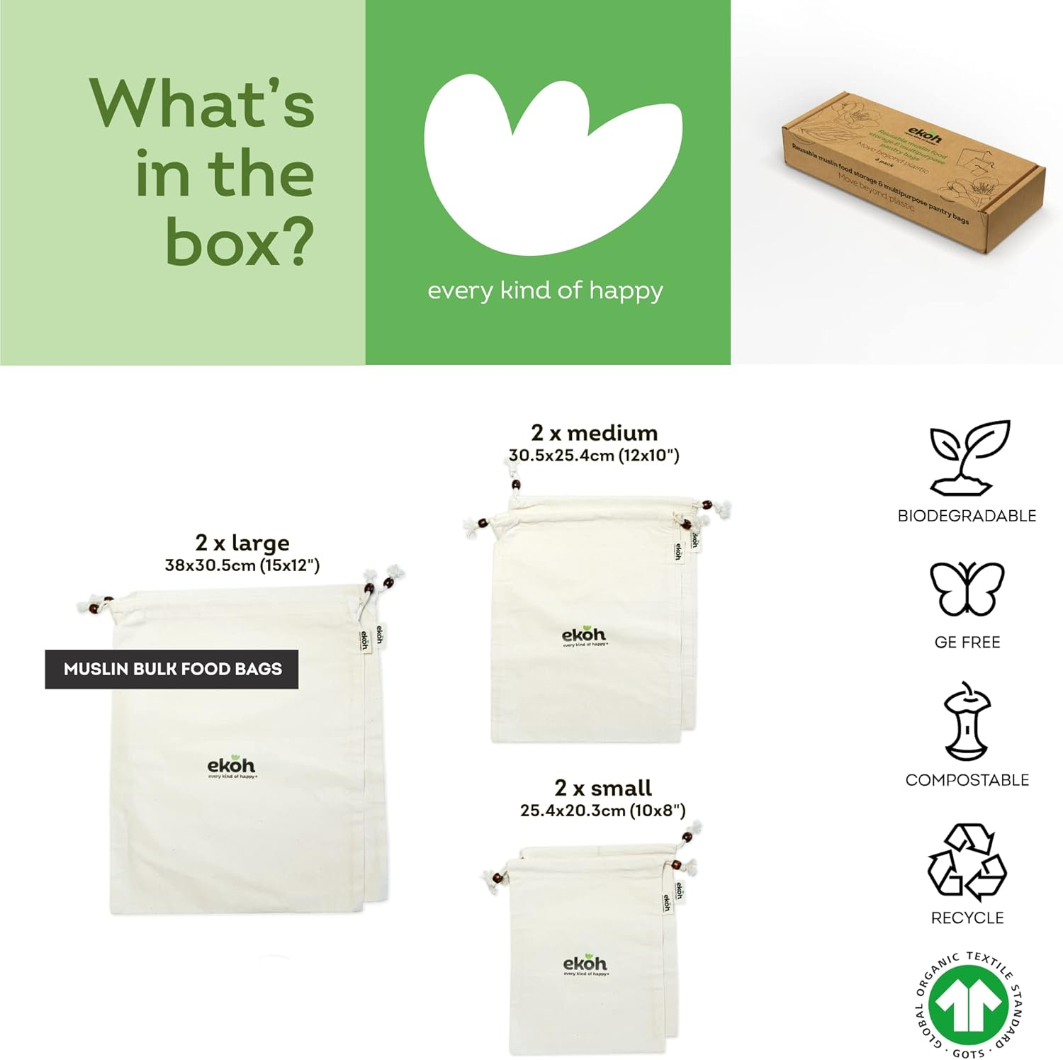 EKOH Reusable Produce Bags | Set of 6 Washable Organic Cotton Drawstring Bags | Double Stitched Muslin Shopping Bag | Bread, Onions, Fruit Veggie Grocery Storage Bags - 3 Size (2S, 2M, 2L)