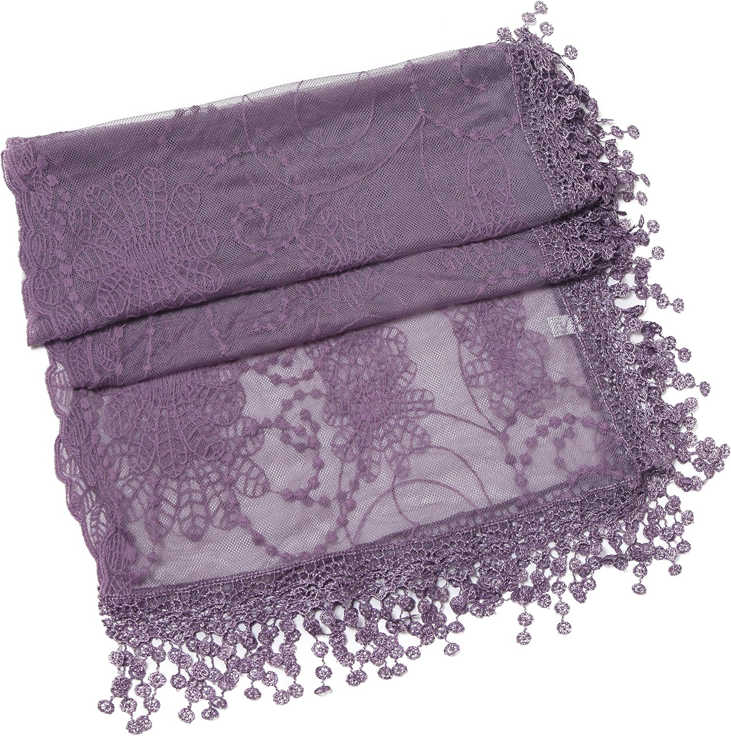 Women'S Lightweight Feminine Lace Teardrop Fringe Lace Scarf Vintage Scarf Mesh Crochet Tassel Cotton Scarf for Women - American Purple With Fringes image number 3