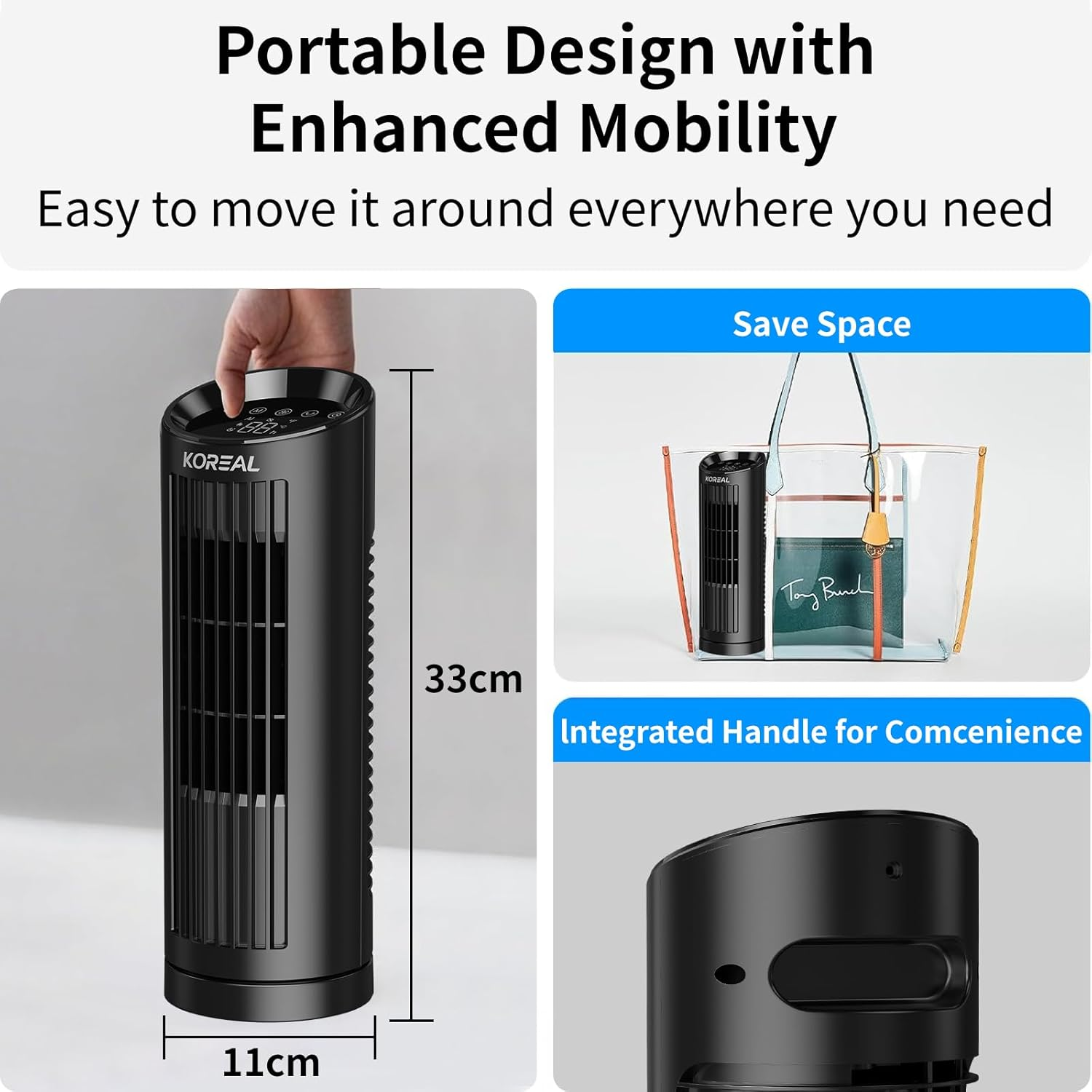 Koreal Desk Fan, 33Cm Quiet Cooling Tower Fan for Bedroom, 4 Speed, 3 Mode, 12H Timer, Digital Touch Screen, Safe Bladeless Table Fan for Home Desktop Office image number 4