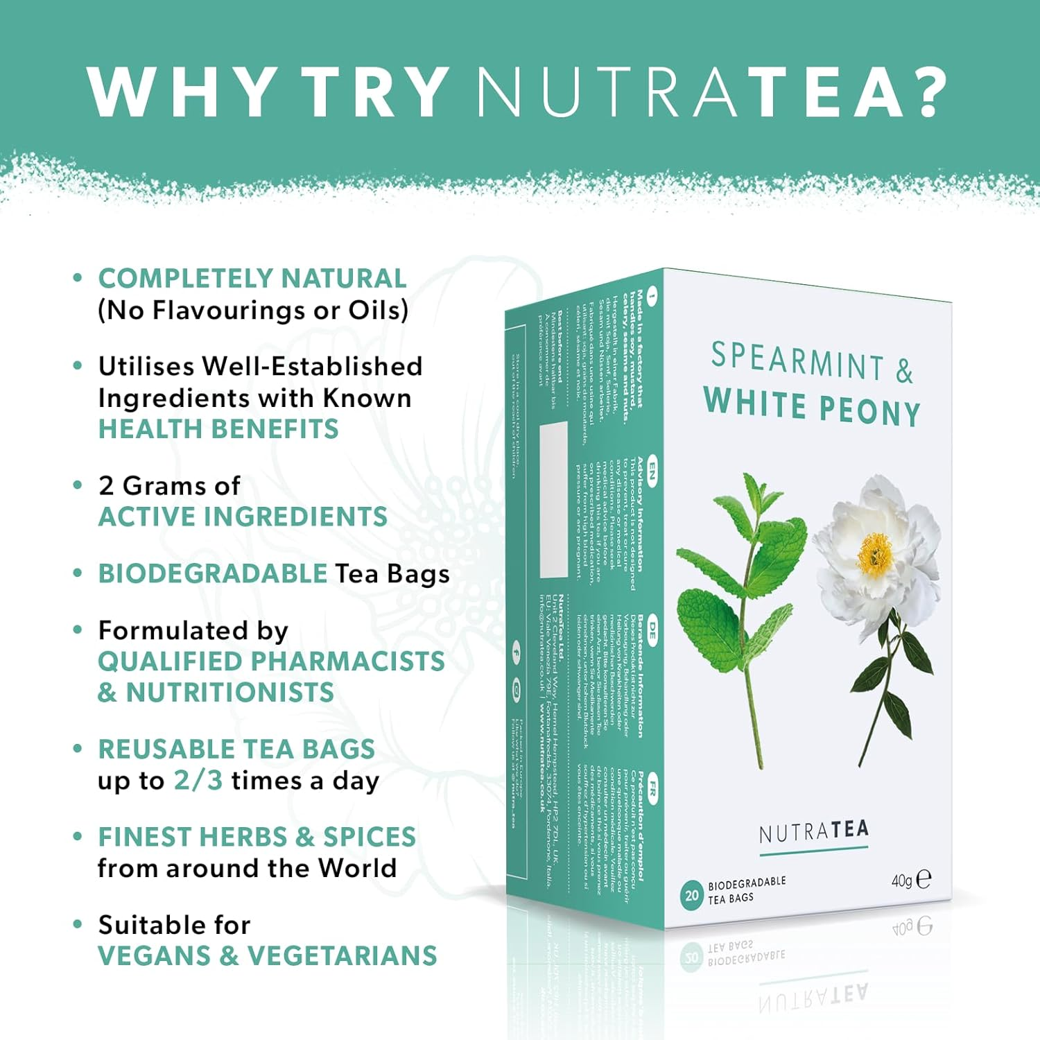 Nutra Tea - Spearmint & White Peony &ndash; Spearmint Tea PCOS, White Peony Tea - for Digestion & Women'S Health - 20 Individually Wrapped Bags - Herbal Infusion (1 Pack) image number 5