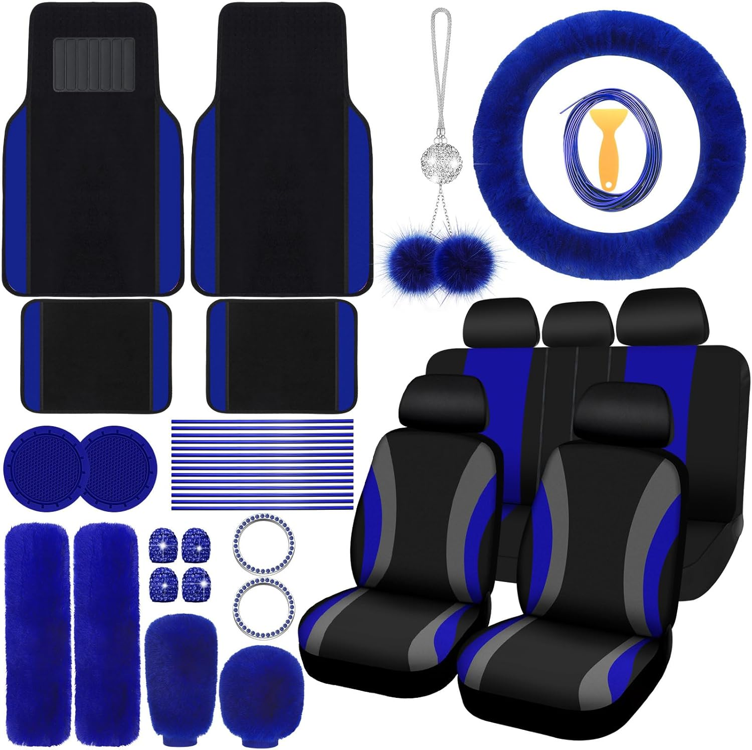 ROCEEI 47 Pcs Car Seat Cover Full Set Car Accessories for Front Rear Seat Fluffy Steering Wheel Cover Belt Automotive Floor Mats Air Conditioner Decoration Strip(Lake Blue)