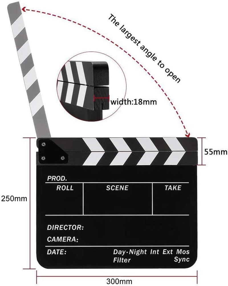Coolbuy112 Movie Directors Clapboard, Photography Studio Video TV Acrylic Clapper Board Dry Erase Film Slate Cut Action Scene Clapper with a Magnetic Blackboard Eraser and Two Custom Pens, Black