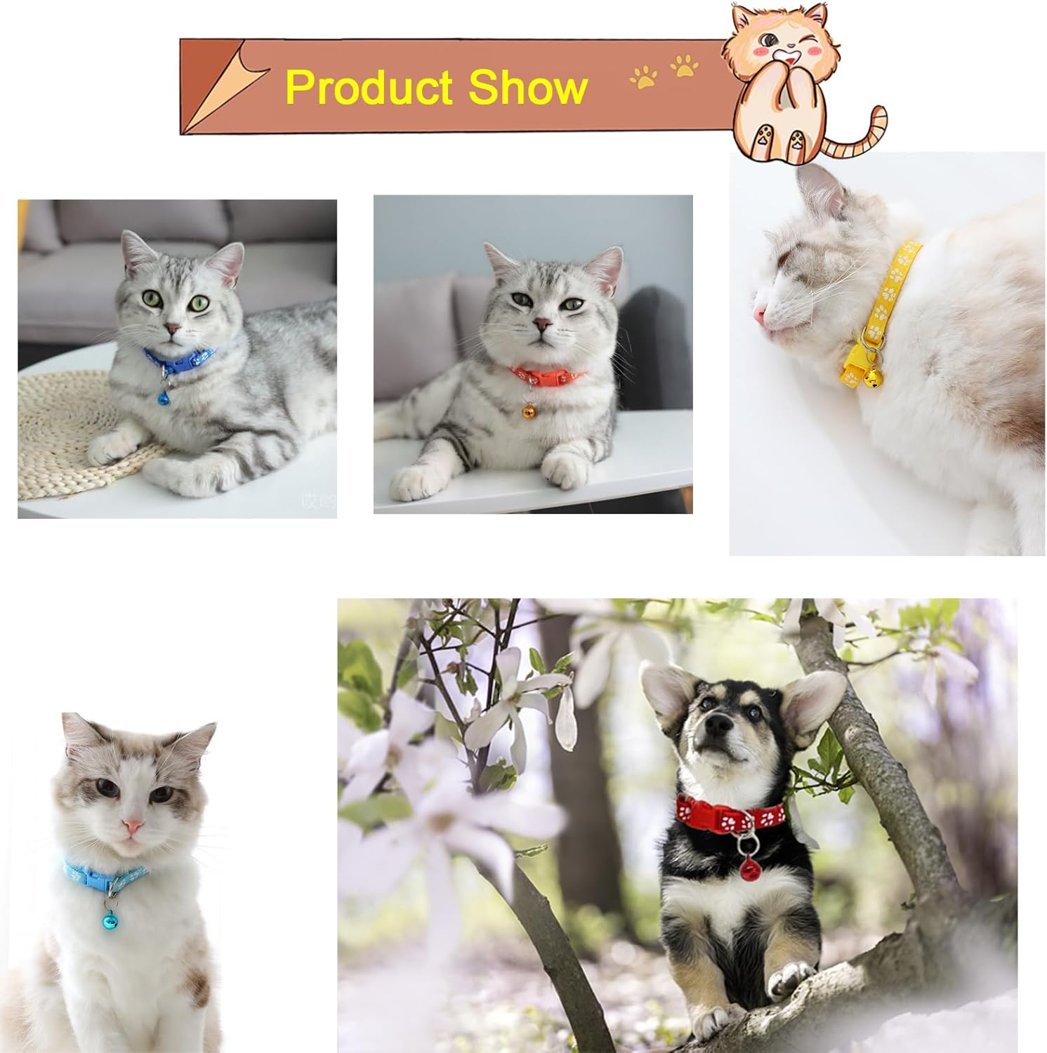 19 PCS Puppy ID Collars Footprint Puppy Collars Puppy Collars with Bell Adjustable Puppy Collars Cat Head Shape Safety Buckle Collars Newborn Puppy Puppy Cat Collars image number 1