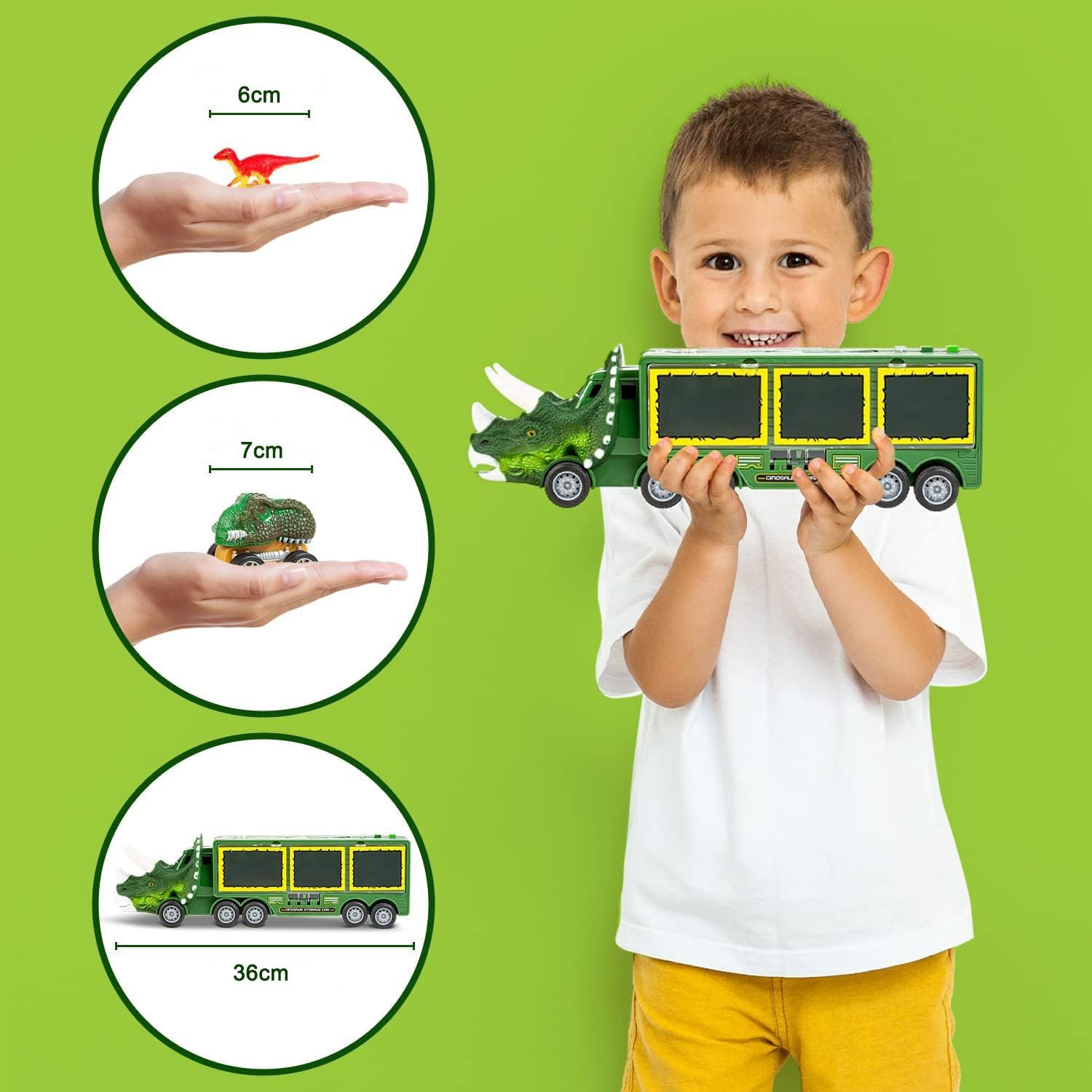 CKIKH Dinosaur Truck with 12 Small Dinosaurs and 3 Pull Back Cars Small Cars Set Birthday Toys for 3+ Year Old Boy Transport Carrier Truck for Toddlers over 3 Years (Green) image number 6