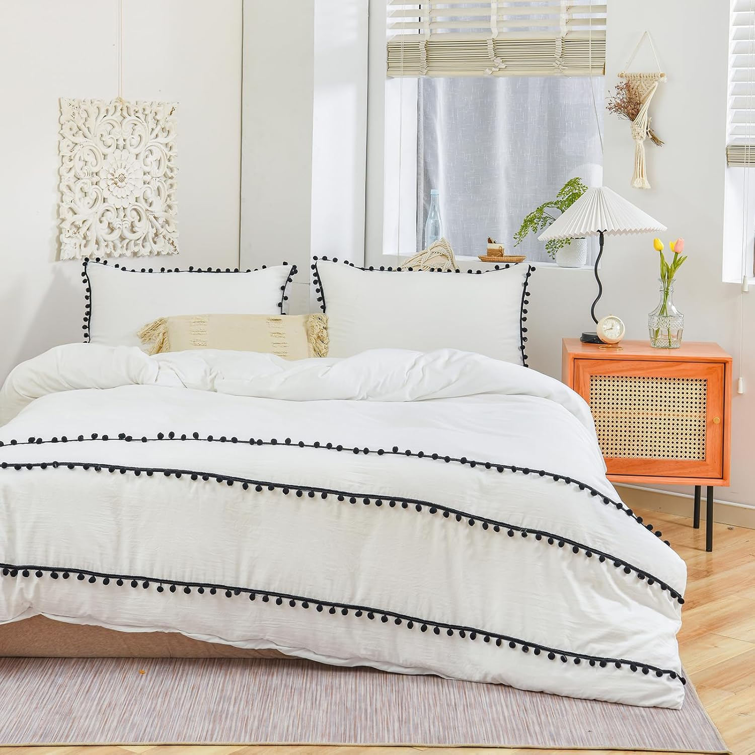 Herside White Duvet Cover Set Super King 260X220Cm Boho Bedding All Black Pom Poms Fringed Design Soft Microfibre Shabby Chic Bedding Sets with 2 Pillowcases (White Black,Super King) image number 6