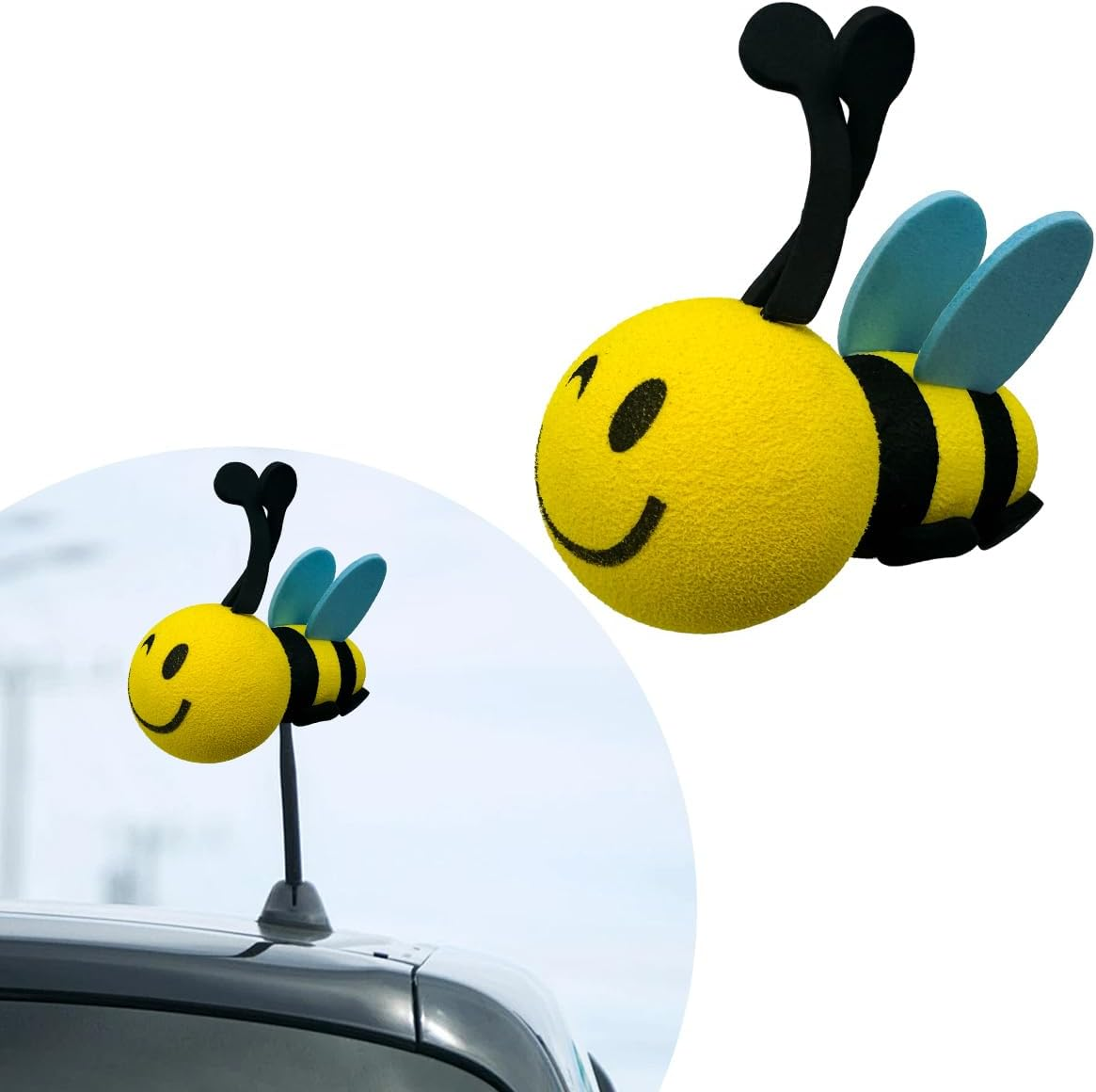 Bee Car Antenna Toppers, Automotive Roof Lovely Face Bumble Bee Antenna Balls Stickers Decor, EVA Funny Cute Honey Bee Antenna Hat for Vehicles, Universal Car Accessories (White)