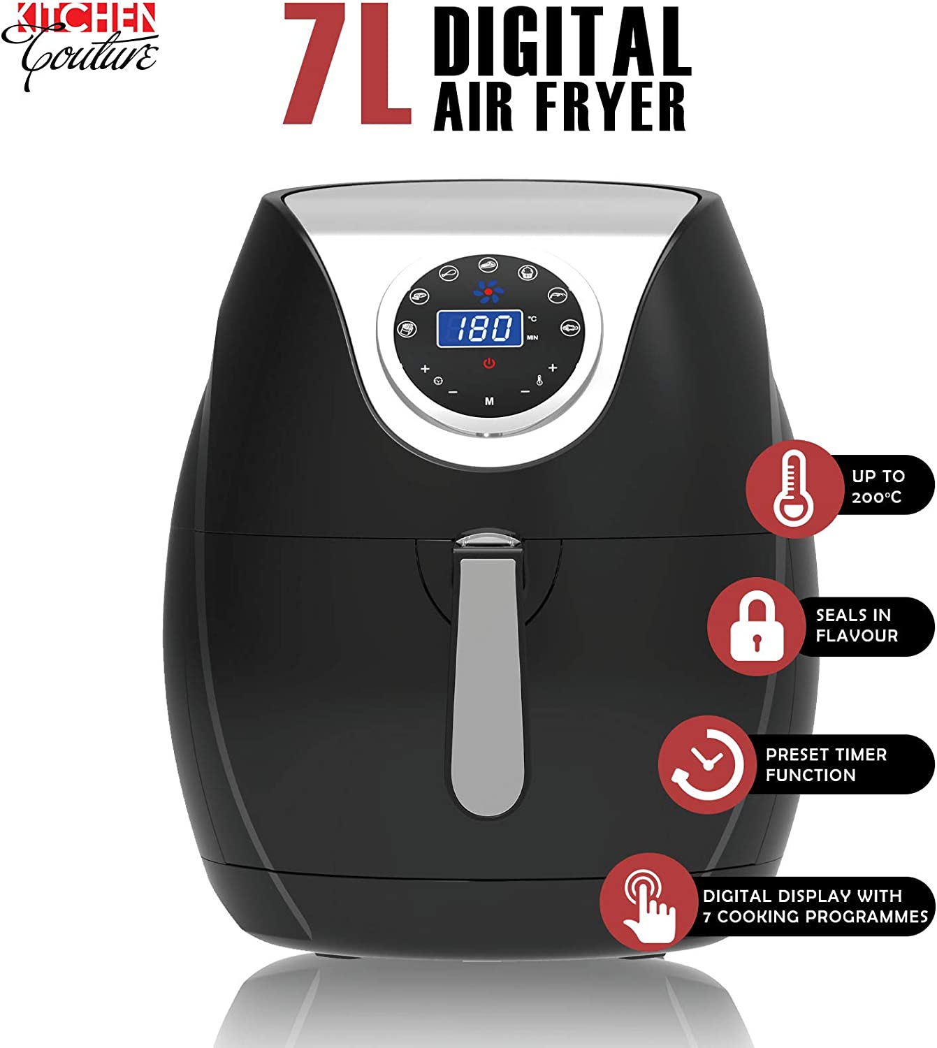 Kitchen Couture Air Fryer 7 Litre | LED Display | 7 Preset Modes | Temperature Control up to 200 Degrees Celsius | Rapid Air Circulation| Black image number 3
