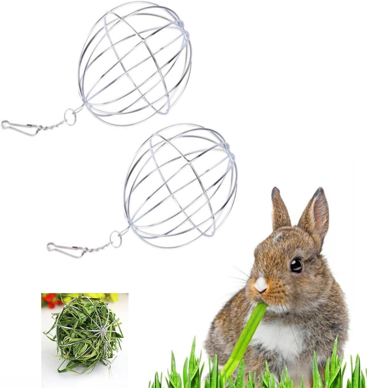 2 PCS Rabbit Grass Ball Guinea Pig Feed Dispenser Hook Stainless Steel Feeder Can Suspend Feeding Grass Rack and Feed Distributor Suitable for Rabbits Cats Guinea Pigs or Other Small Animals