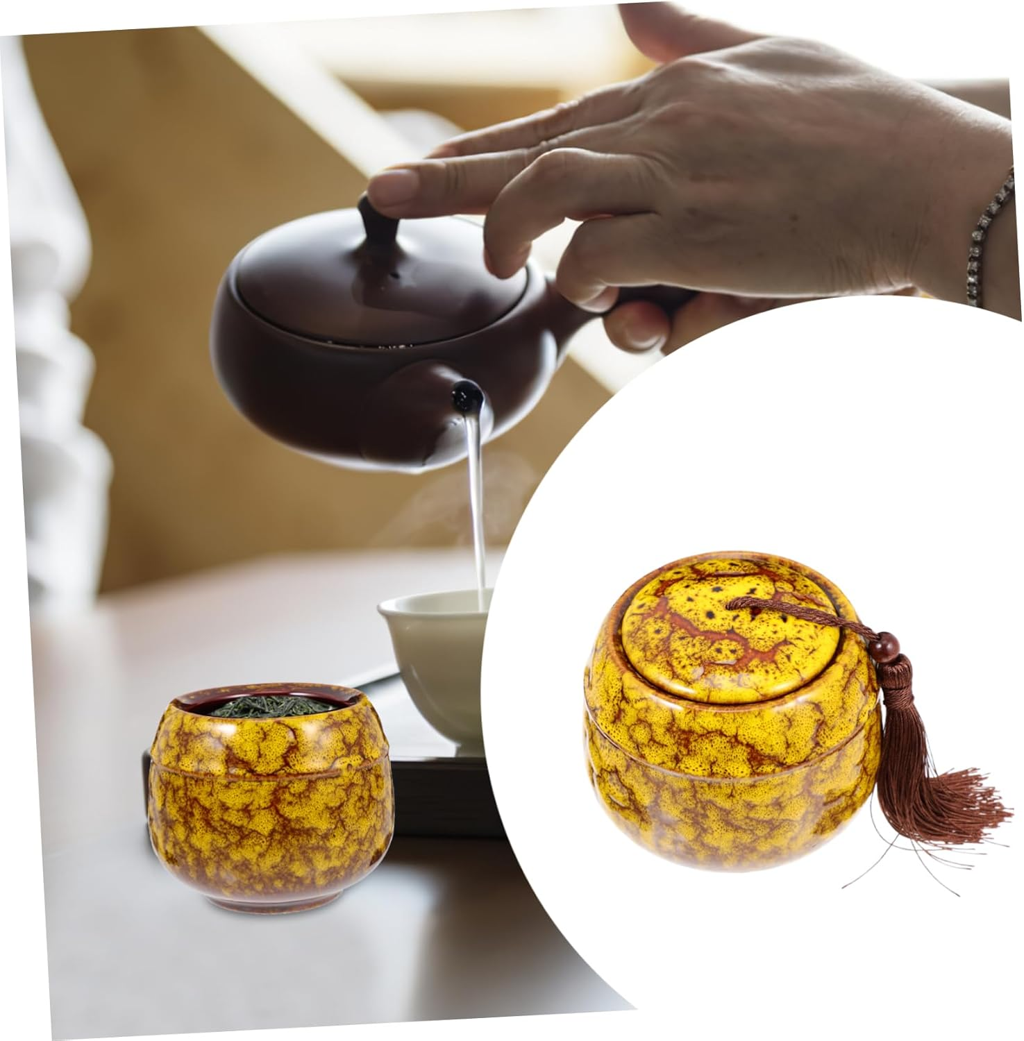 FELTECHELECTR Loose Tea Leaf Storage Jar Vintage Ceramic Canister for Tea Dried Fruits and Snacks Airtight Jar Tassel Lid for Home Kitchen Storage image number 3