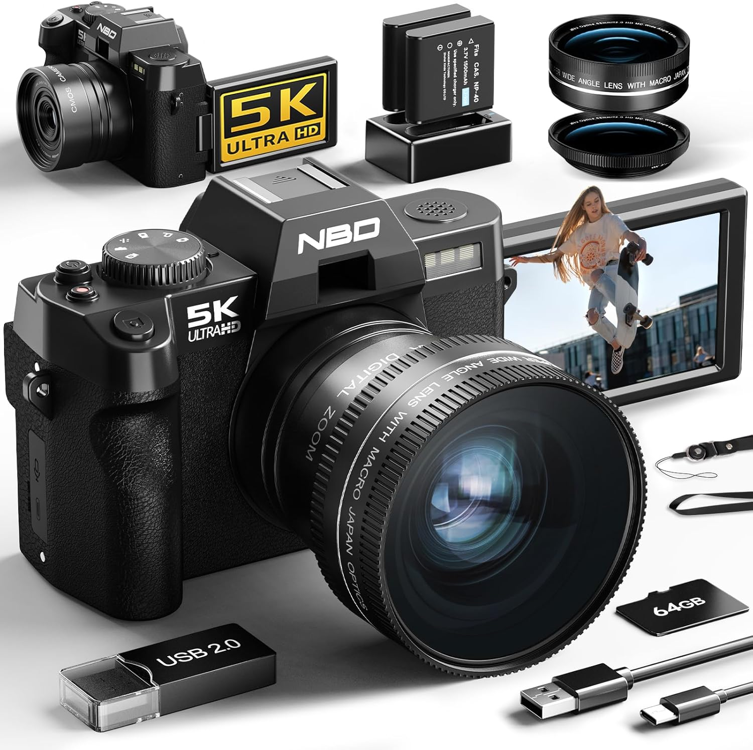 NBD 5K 64MP Digital Camera, Wi-Fi & App Control, 16X Zoom, Autofocus, Anti-Shake, 180&deg; Flip Screen, Macro & Wide-Angle Lenses, Webcam Function, Includes 64GB TF Card & 2 Batteries (Graphite)