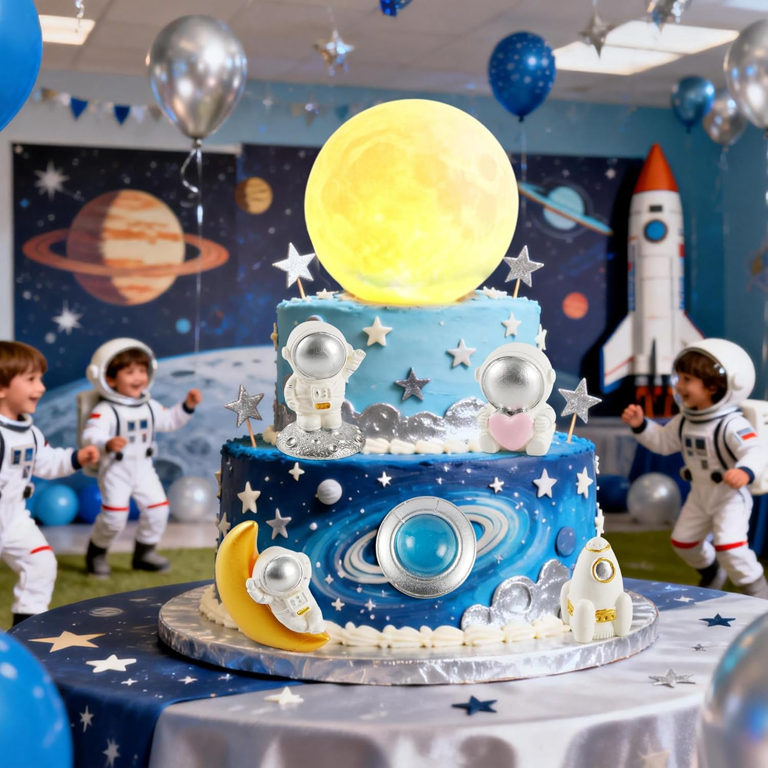 Moon Cake Topper,6Pcs Space Astronauts Diy Cake Decoration, 3D Soft Light Moon Cake Topper for Children Space-Themed Decoration Birthday Party Supplies, Cake Decoration (Yellow) - Yellow image number 3