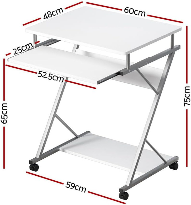 Artiss Computer Desk 60Cm White Particle Board Z Shape Steel Frame Office Laptop Desks Study Student Table, Home Furniture for Room, Portable with Wheels Keyboard Tray Bottom Shelf image number 5
