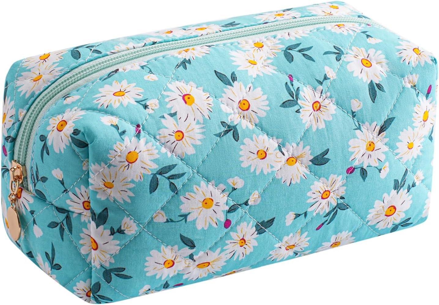 Cute Daisy Makeup Bag Small Cotton Quilted Floral Cosmetic Bag Travel Make up Pouch Toiletry Organizer Gift for Women Girls, Jade Green