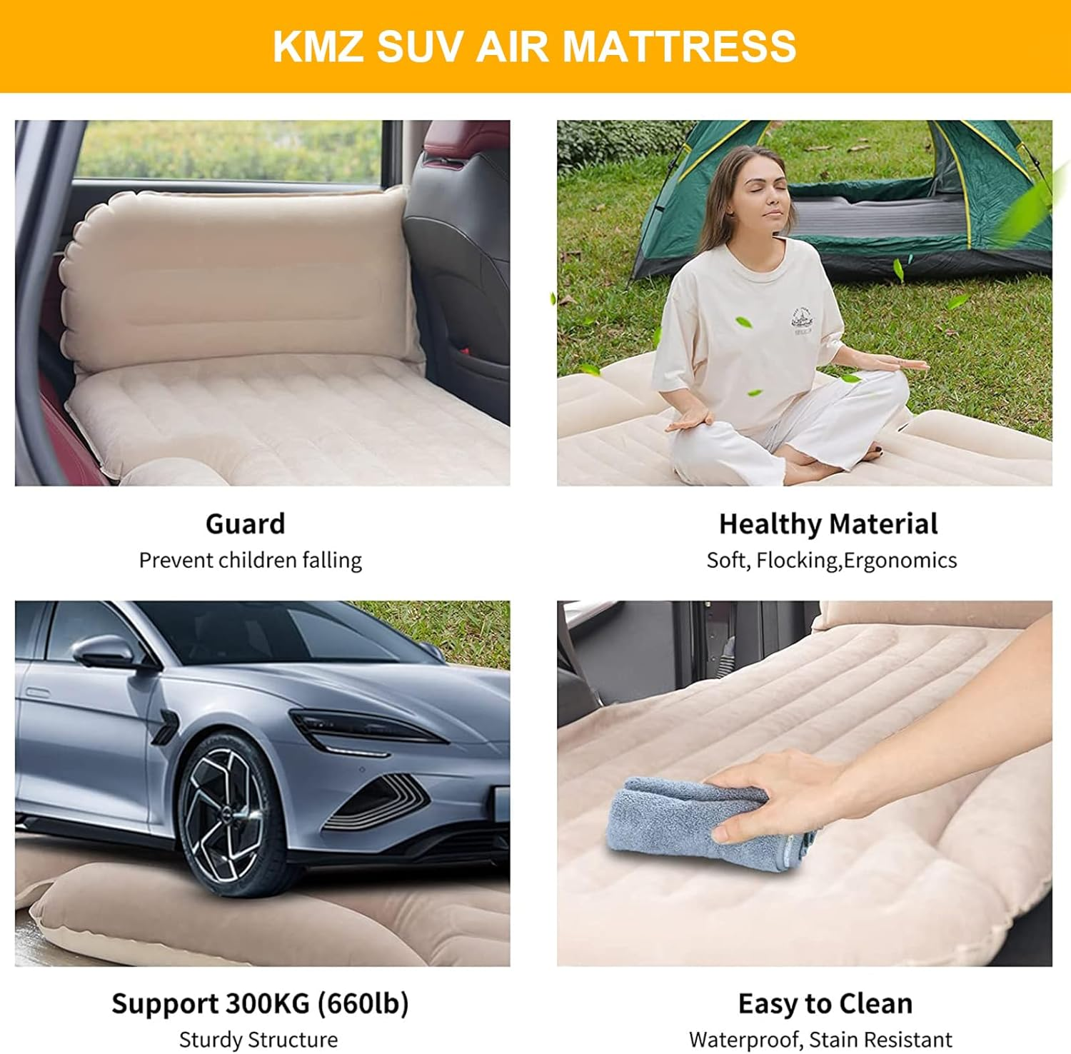 KMZ SUV Air Mattress Thickened and Double-Sided Flocking Travel Camping Bed with 2 Pillows & Electric Pump Dedicated Mobile Cushion Inflatable Bed for SUV Trunk and Rear Seat (Beige and Coffee) image number 3
