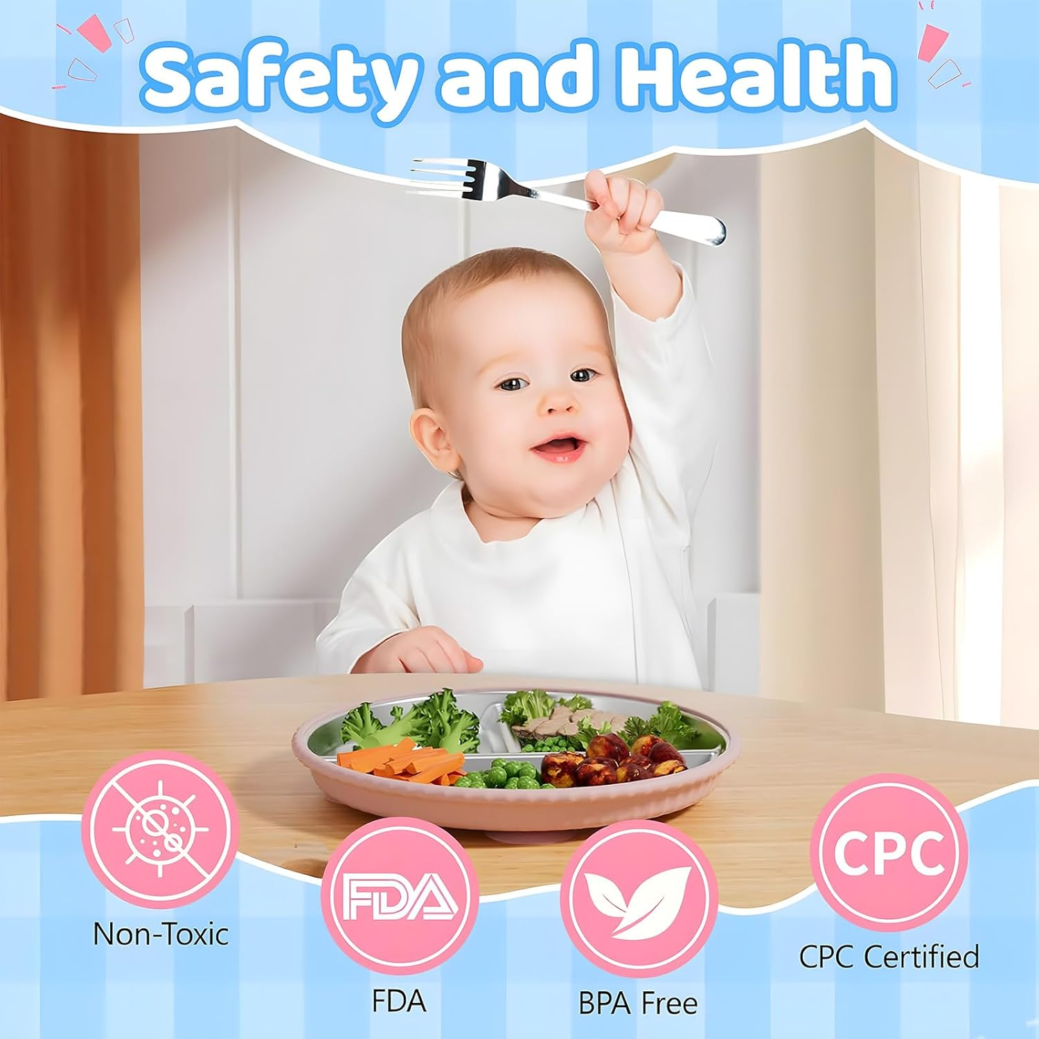 Stainless Steel Toddler Plates 2 Pack, 9" Divided Baby Plates with Suction & Removable Non-Slip Silicone Sleeves, BPA Free, Unbreakable, Dishwasher Safe, Non-Toxic Kids Dinnerware (Pink & Beige) image number 6